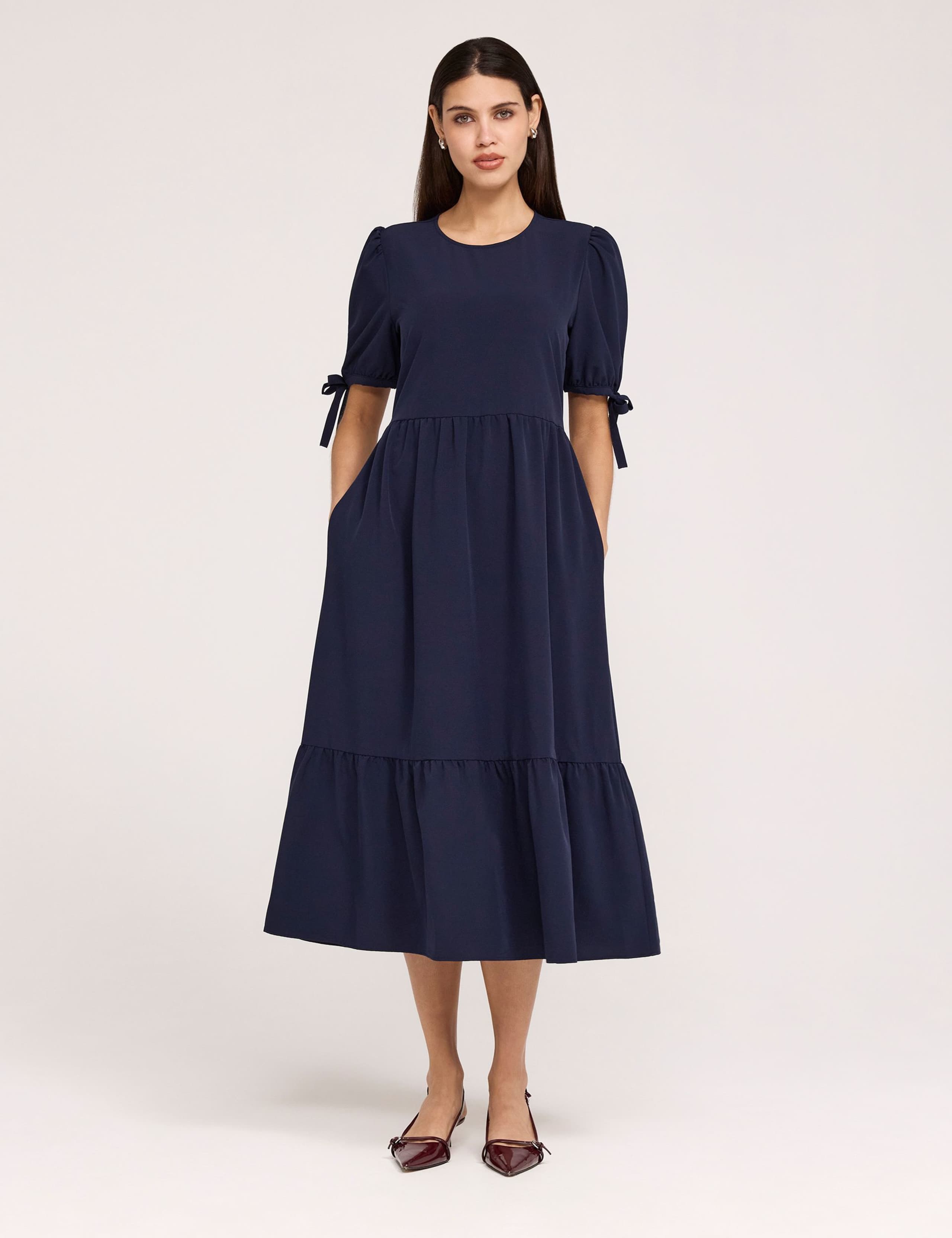 Crepe Tie Detail Tiered Midi Dress 2 of 5