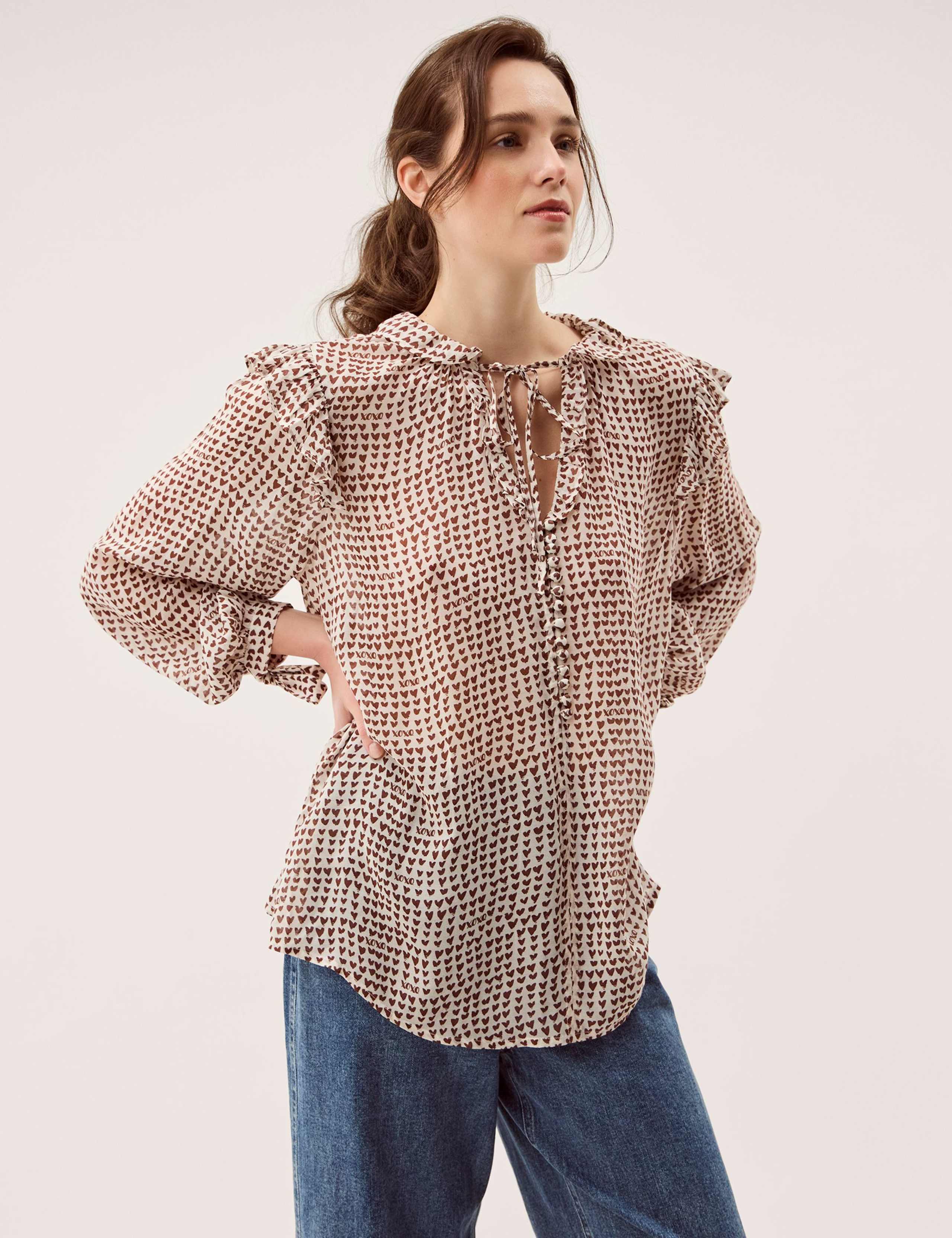 Modal Blend Heart Print Frill Detail Blouse 1 of 5
