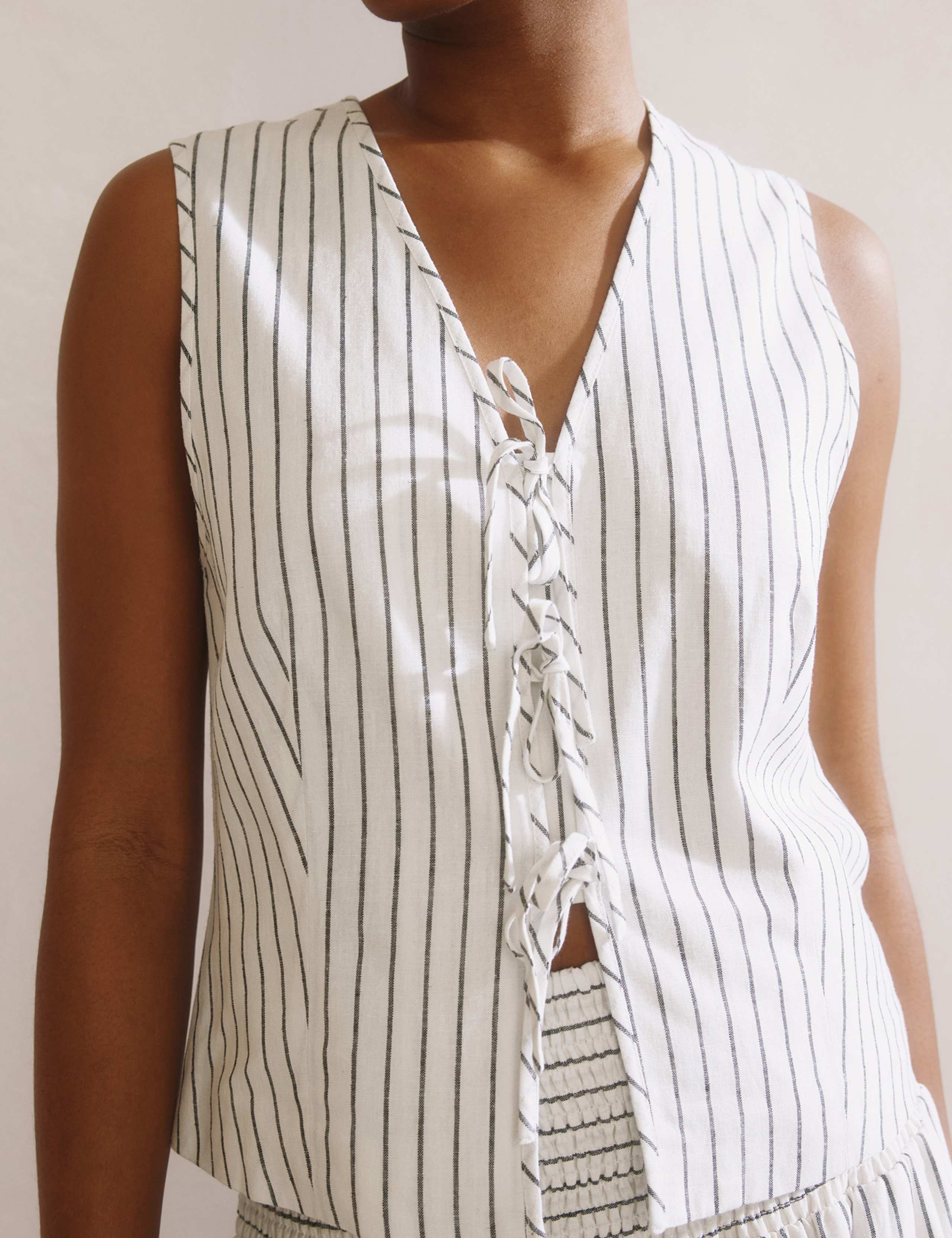 Linen Blend Stripe Tie Front Waistcoat 5 of 5