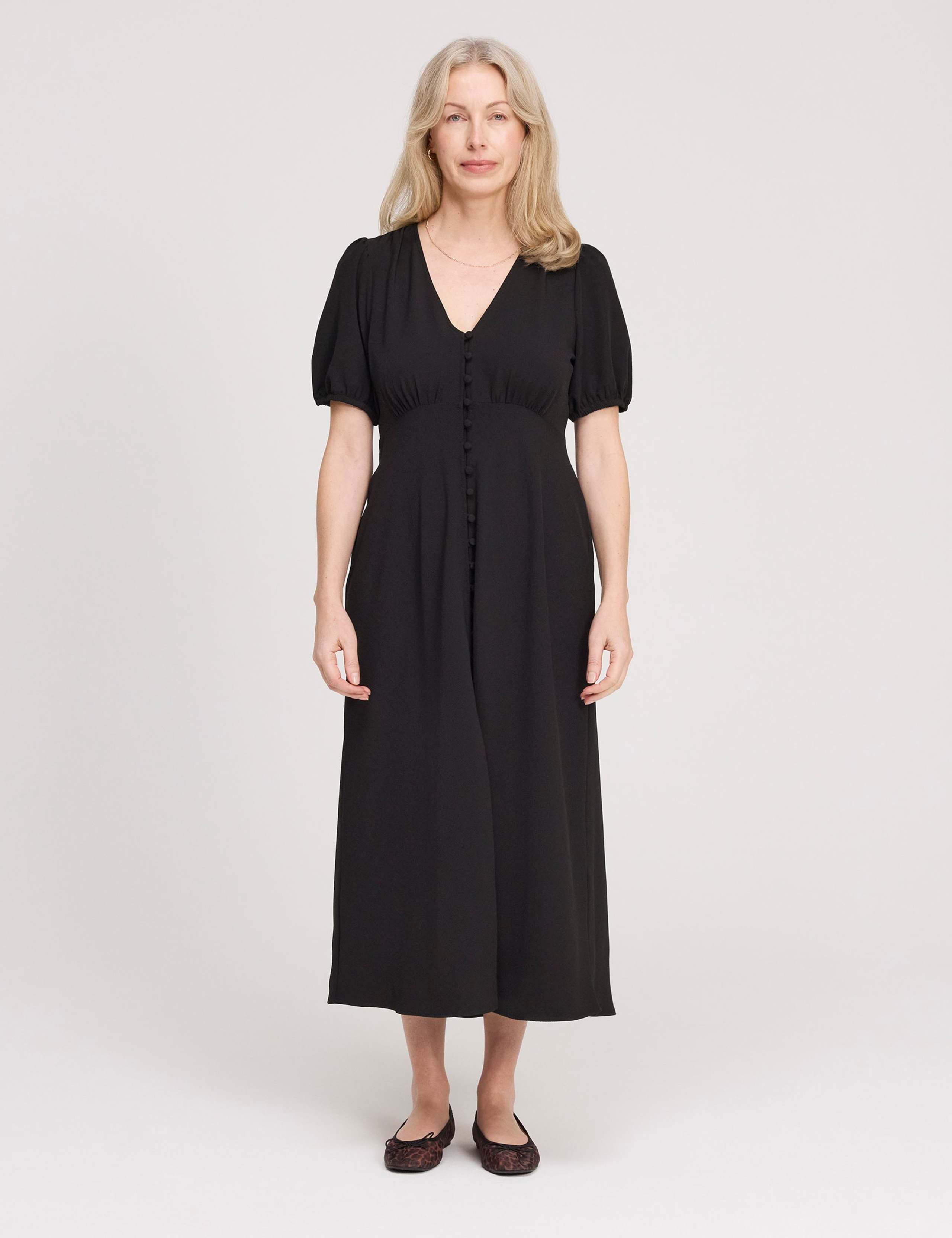 V-Neck Button Through Midi Tea Dress 1 of 4