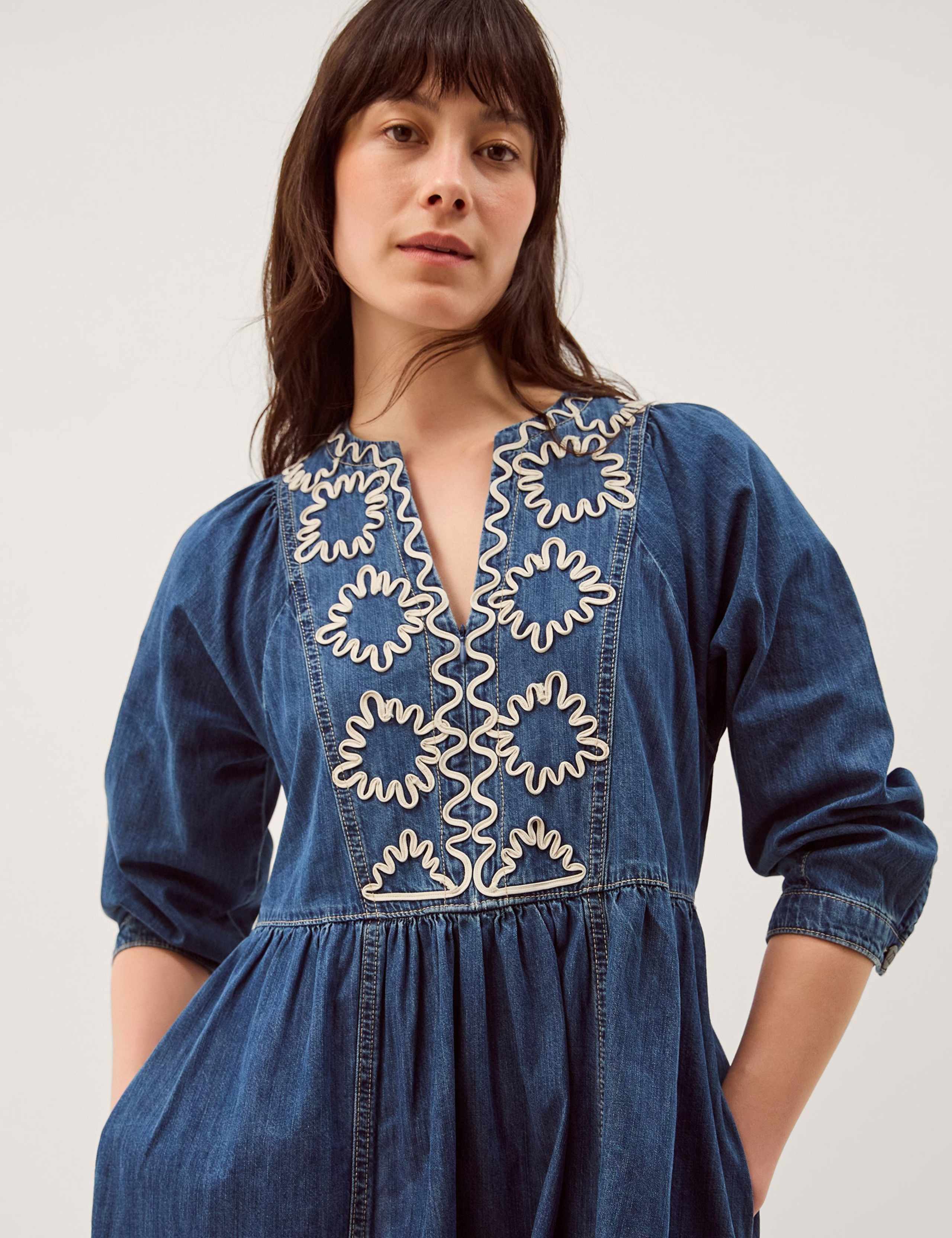 Pure Cotton Denim V-Neck Midi Waisted Dress 3 of 5