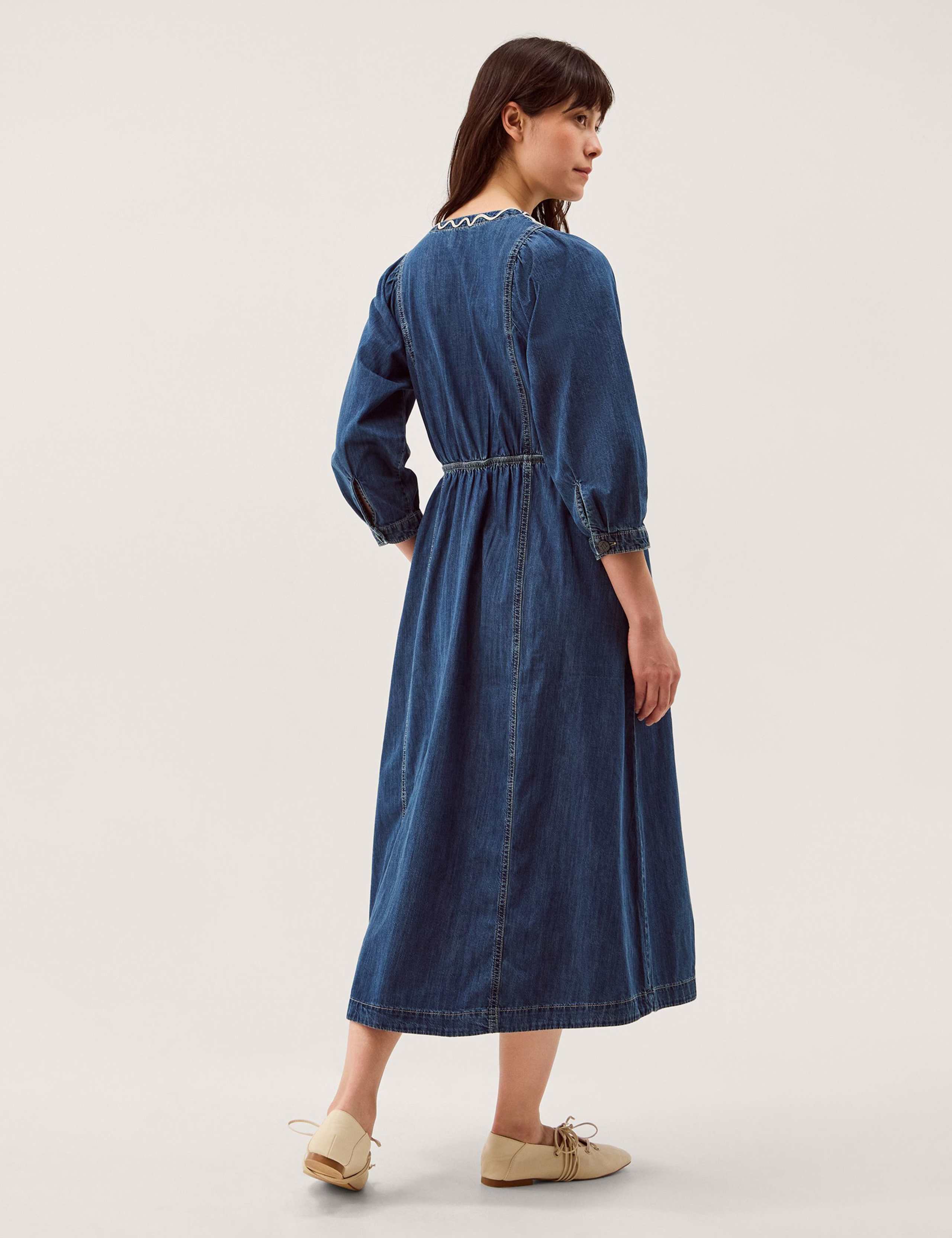 Pure Cotton Denim V-Neck Midi Waisted Dress 4 of 5