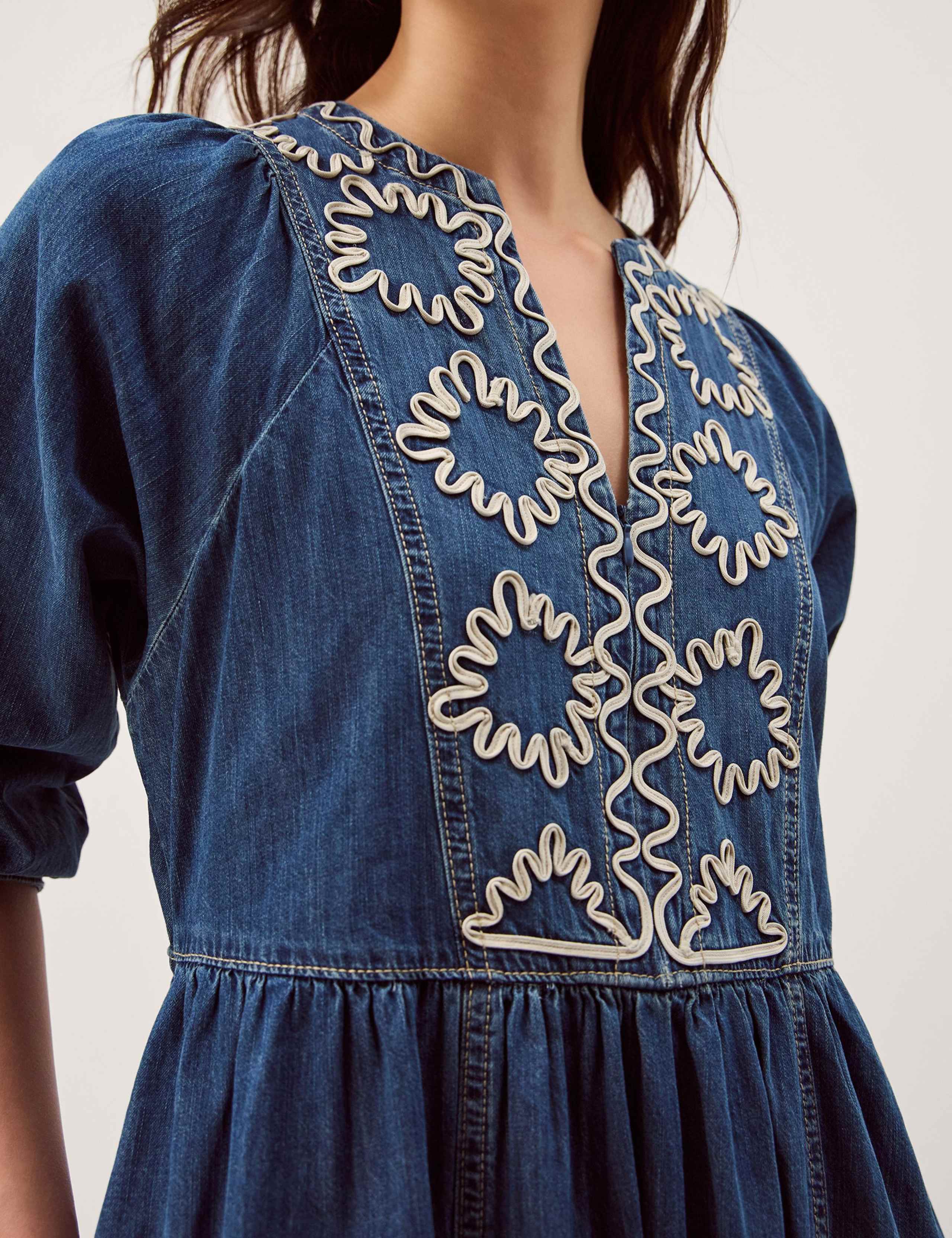 Pure Cotton Denim V-Neck Midi Waisted Dress 5 of 5