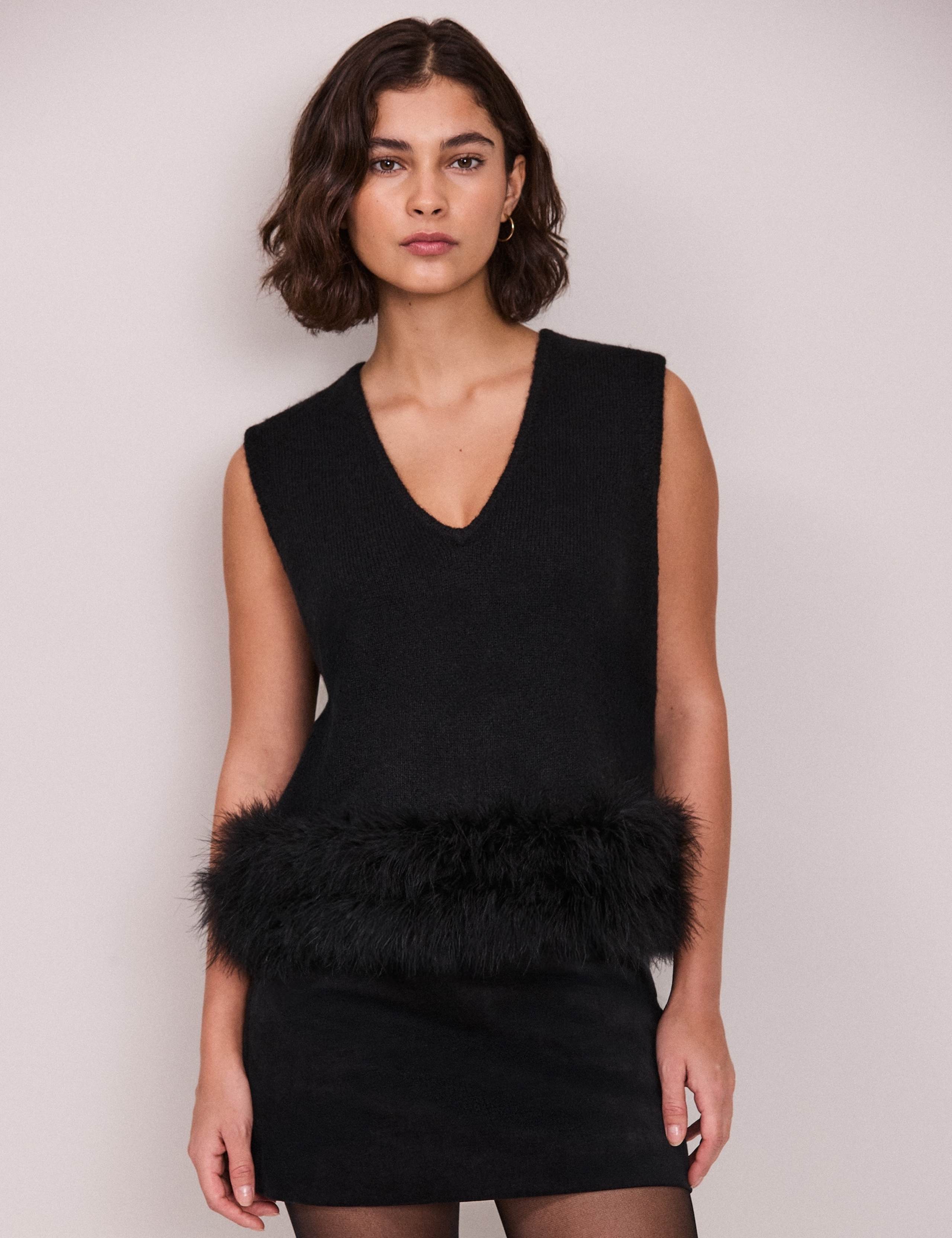 Feather Trim V Neck Relaxed Knitted Vest with Wool 6 of 6