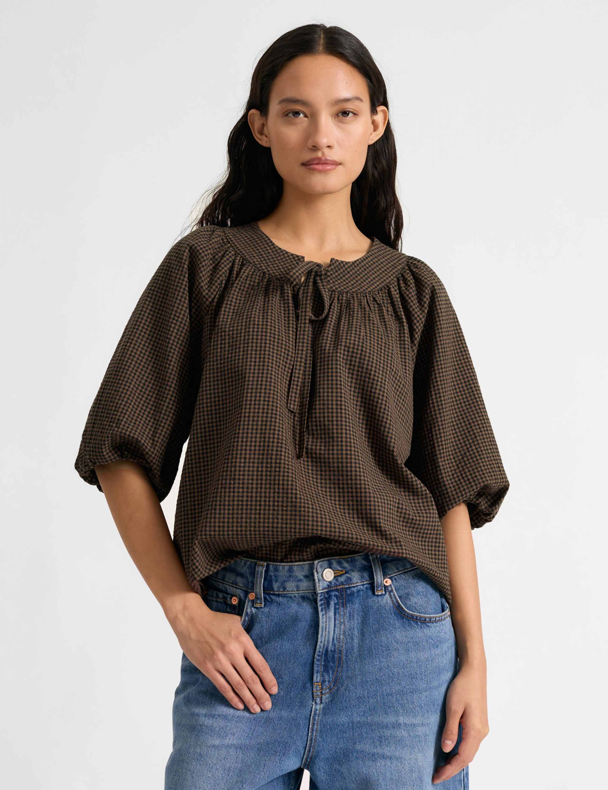Cotton Rich Gingham Button Detail Top 1 of 5