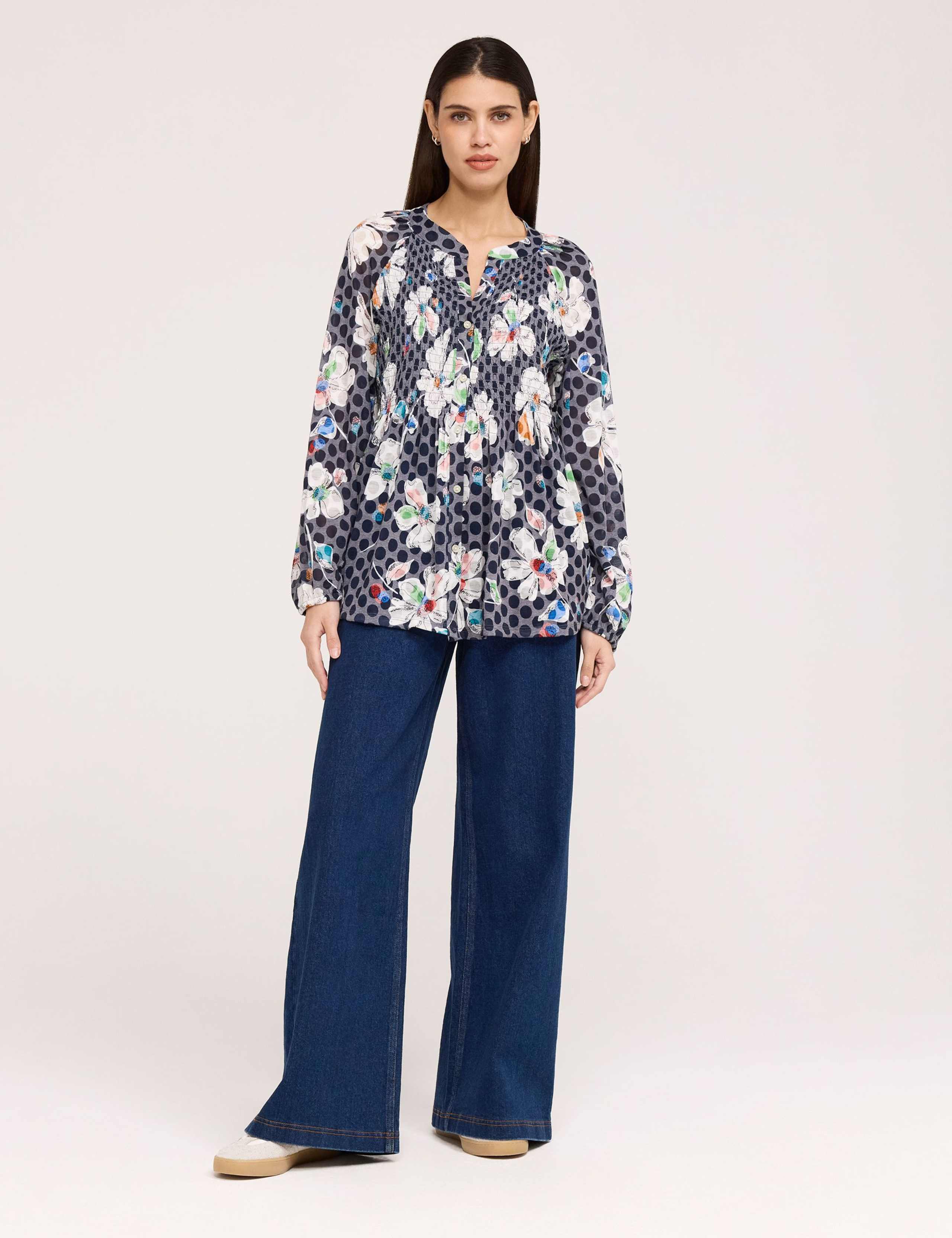 Jersey Floral V-Neck Shirred Blouse 2 of 6