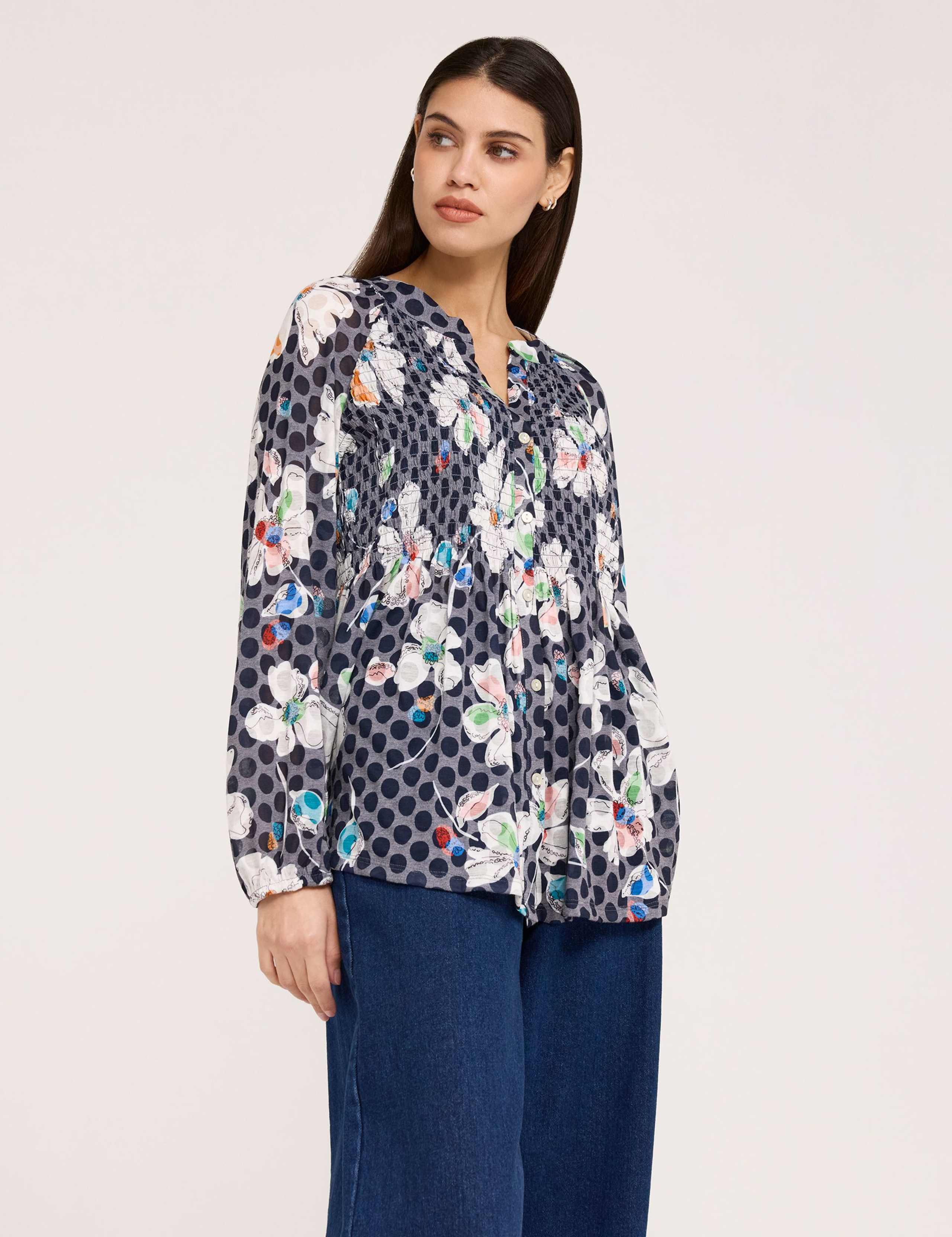 Jersey Floral V-Neck Shirred Blouse 3 of 6