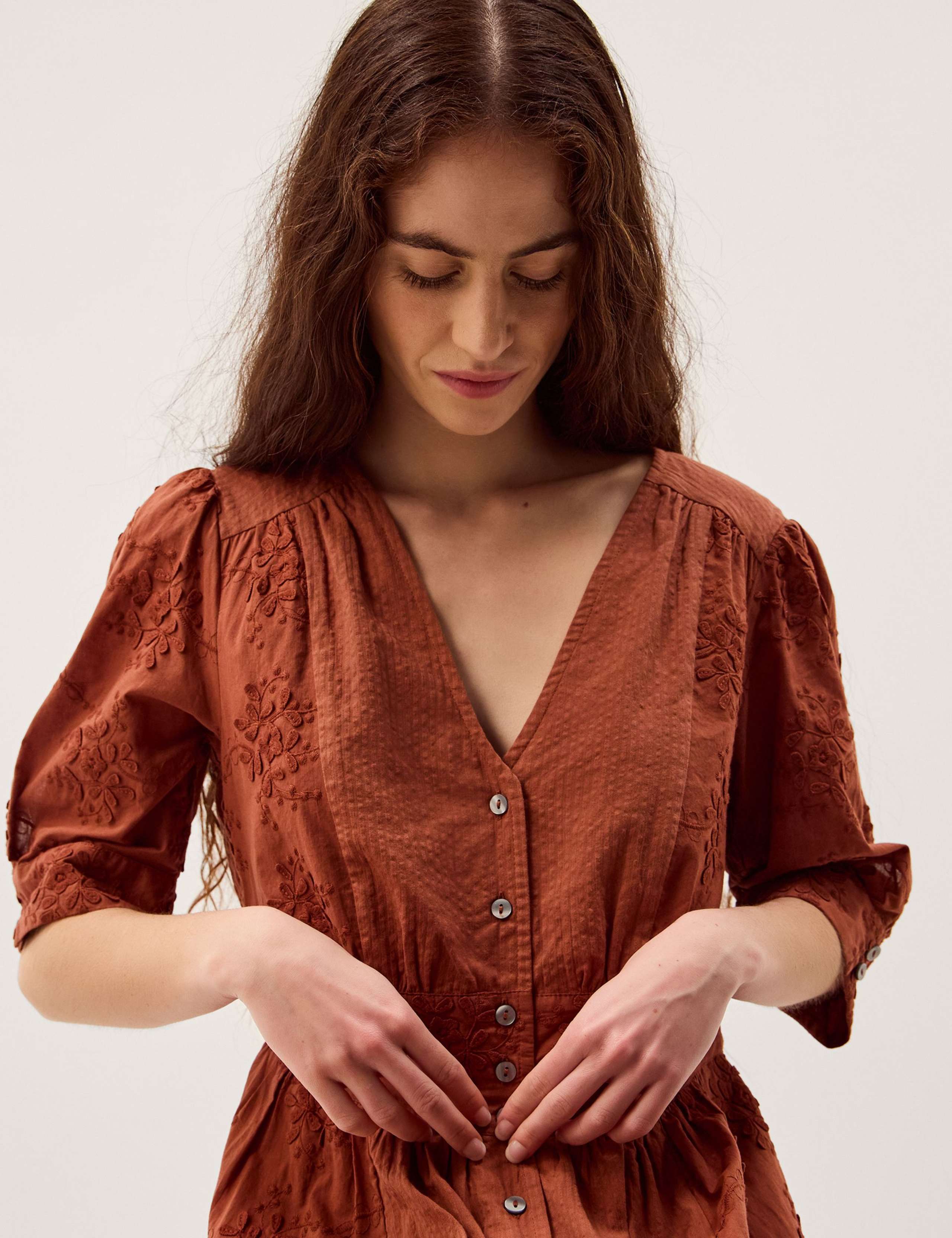 Pure Cotton Embroidered Midi Waisted Dress 3 of 5