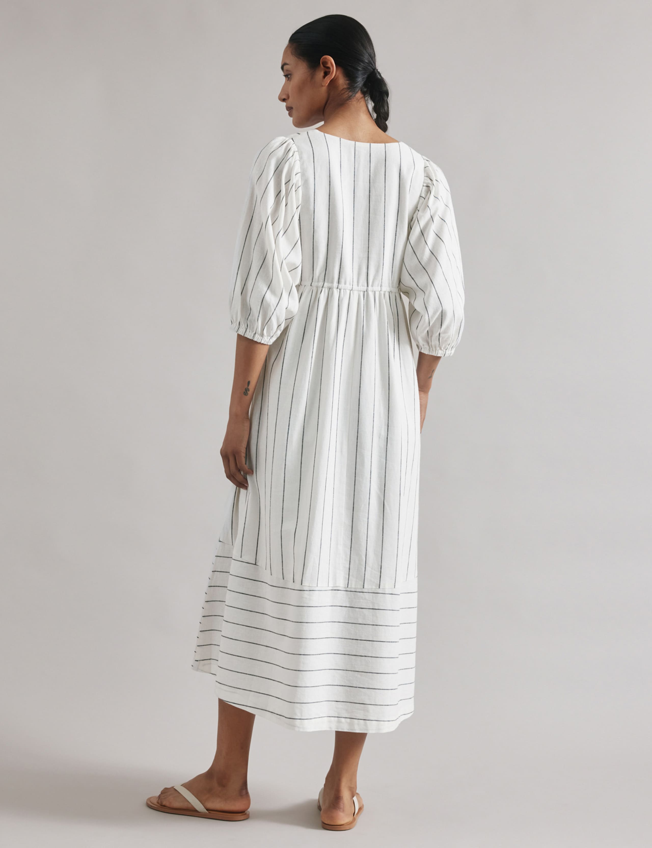 Linen Blend Striped V-Neck Midi Smock Dress 3 of 5
