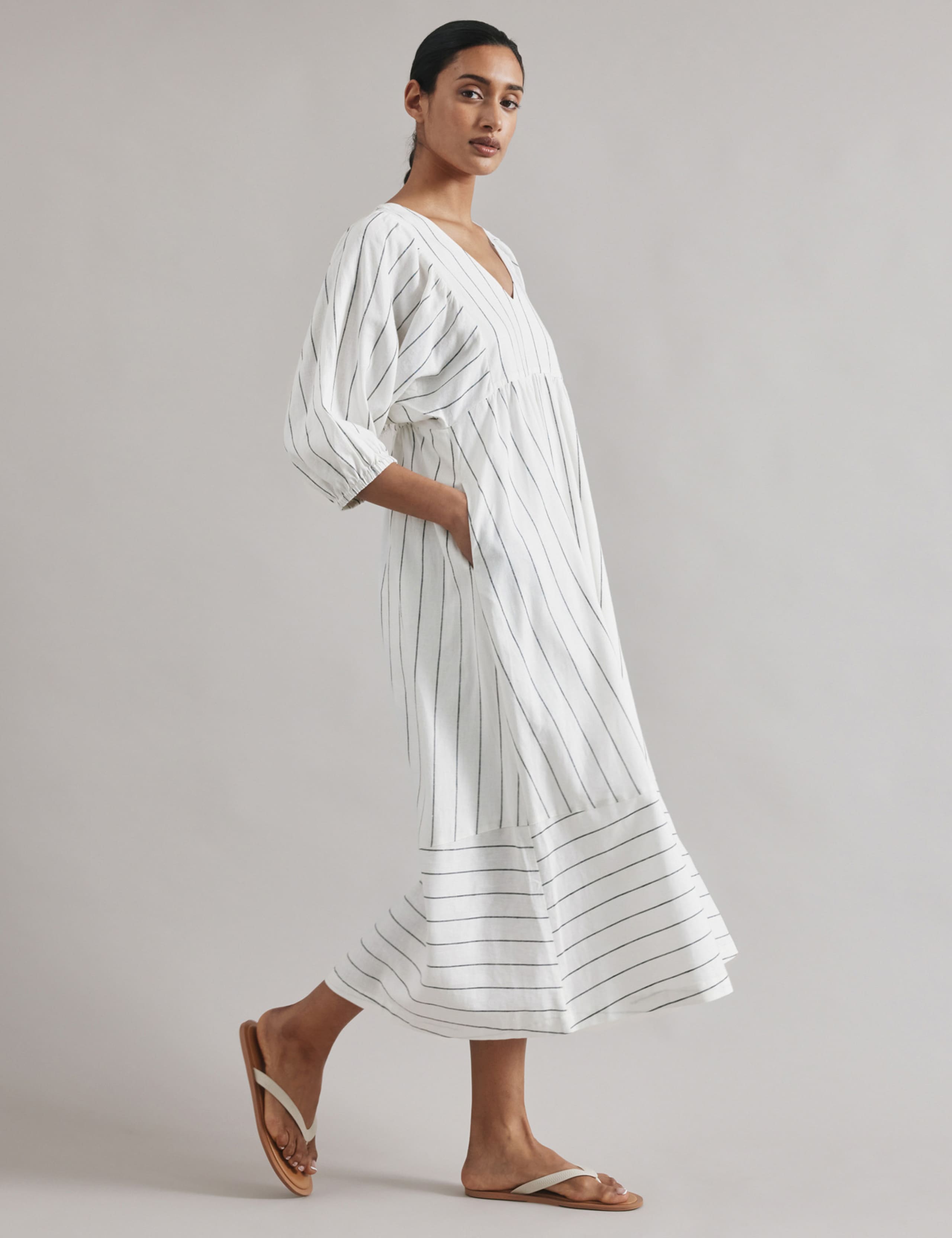 Linen Blend Striped V-Neck Midi Smock Dress 4 of 5