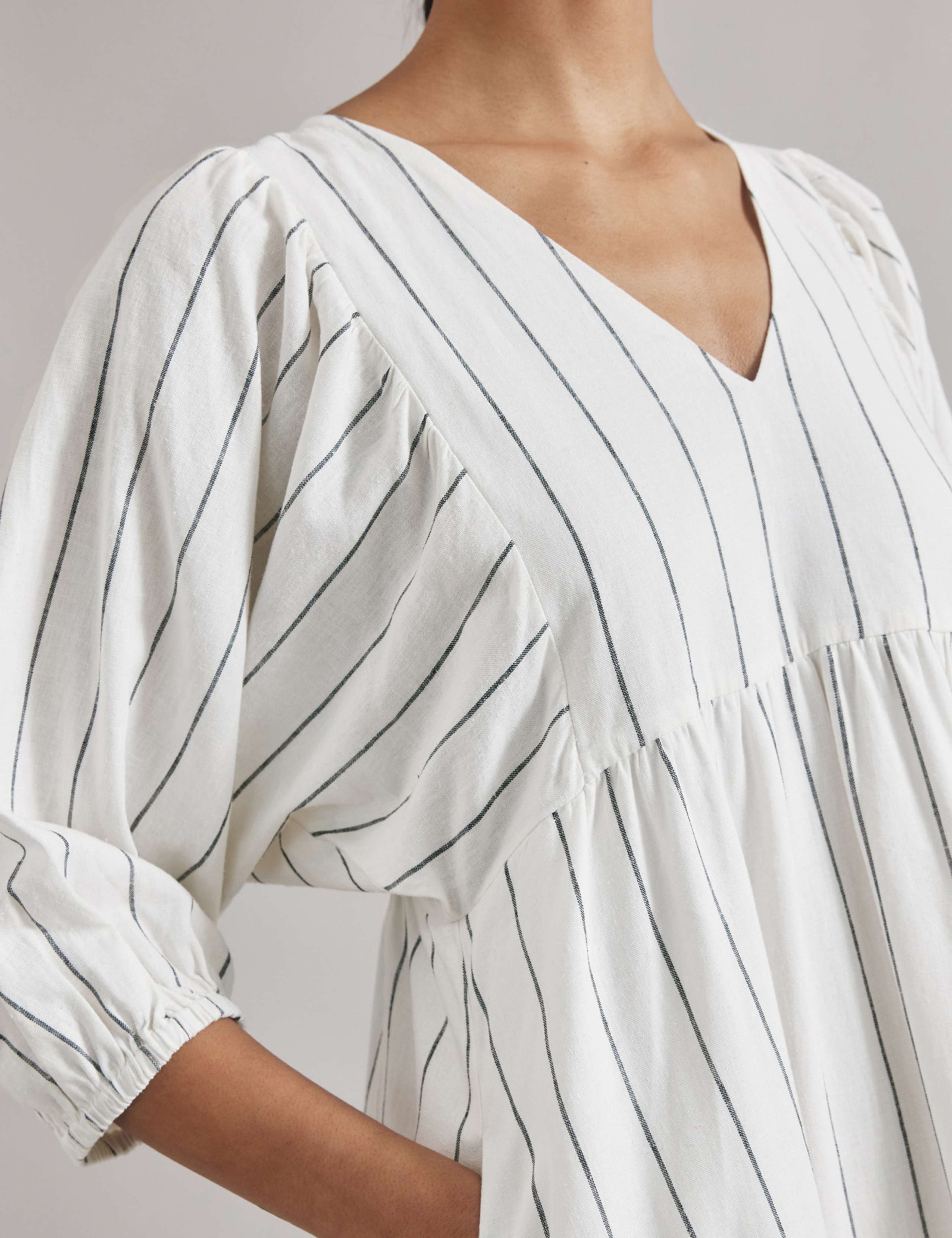 Linen Blend Striped V-Neck Midi Smock Dress 5 of 5