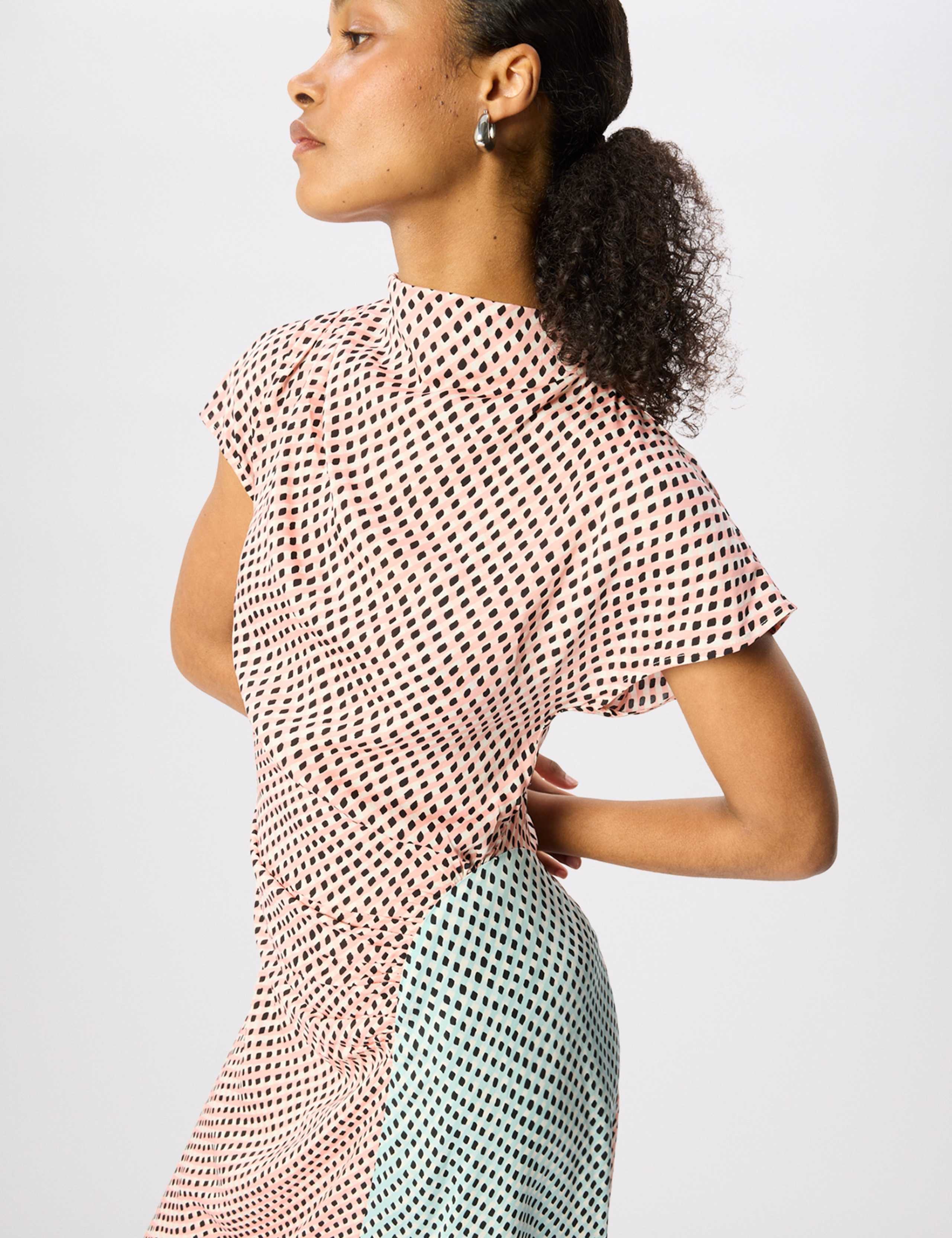 Geometric Checked Cowl Neck Midi Column Dress 3 of 7