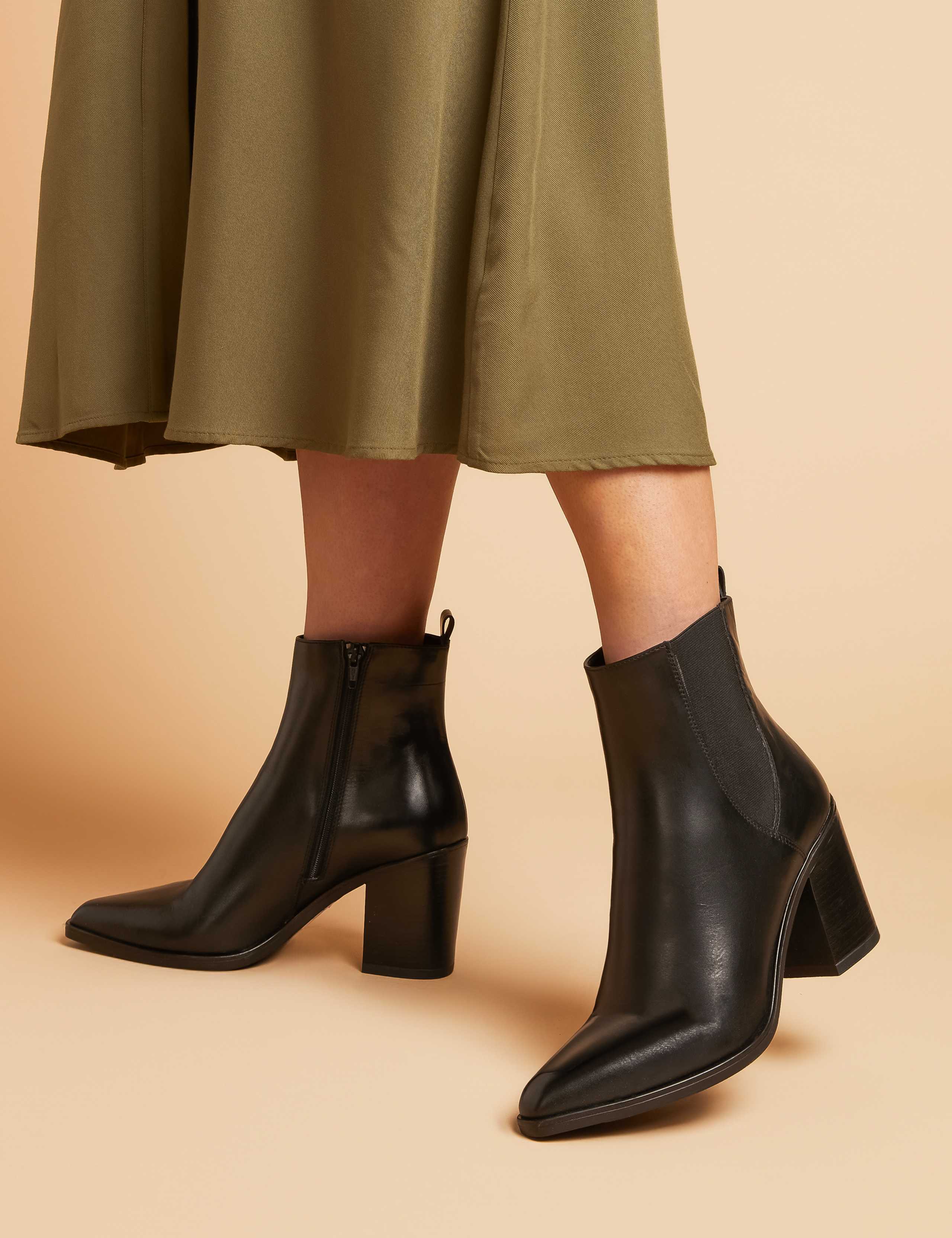 Leather Block Heel Pointed Ankle Boots 1 of 7