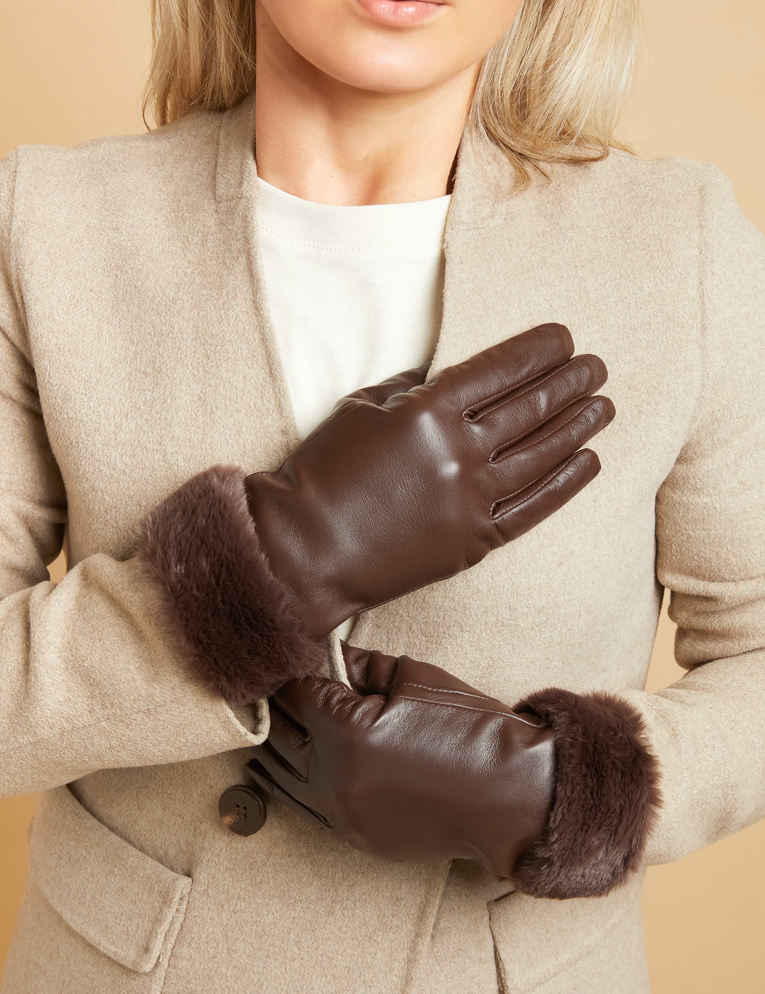 Leather Faux Fur Cuffed Warm Lined Gloves 1 of 3