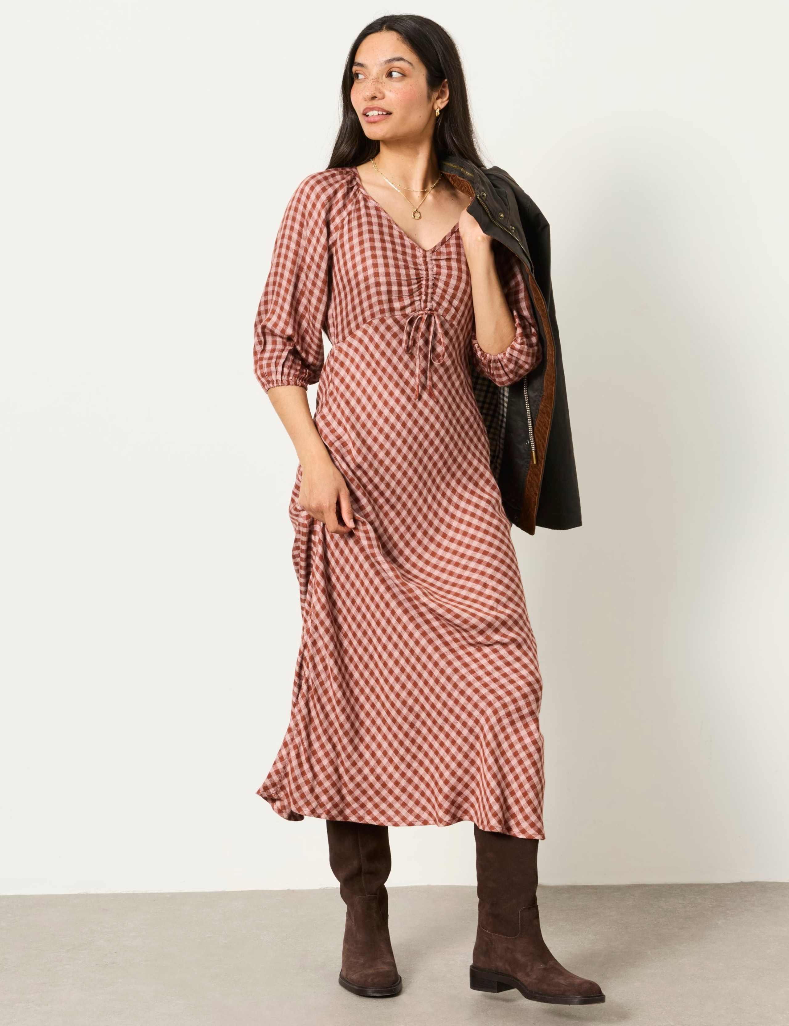 Checked V-Neck Tie Detail Maxi Waisted Dress 1 of 6