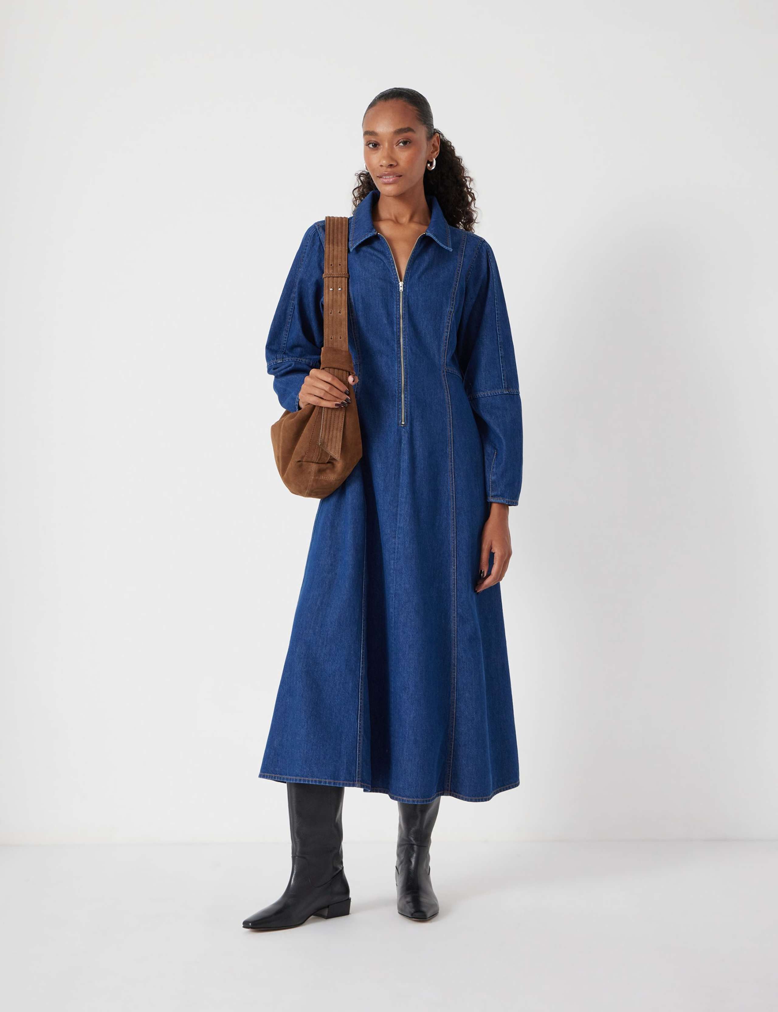 Denim Blouson Sleeve Midi Shirt Dress 3 of 6