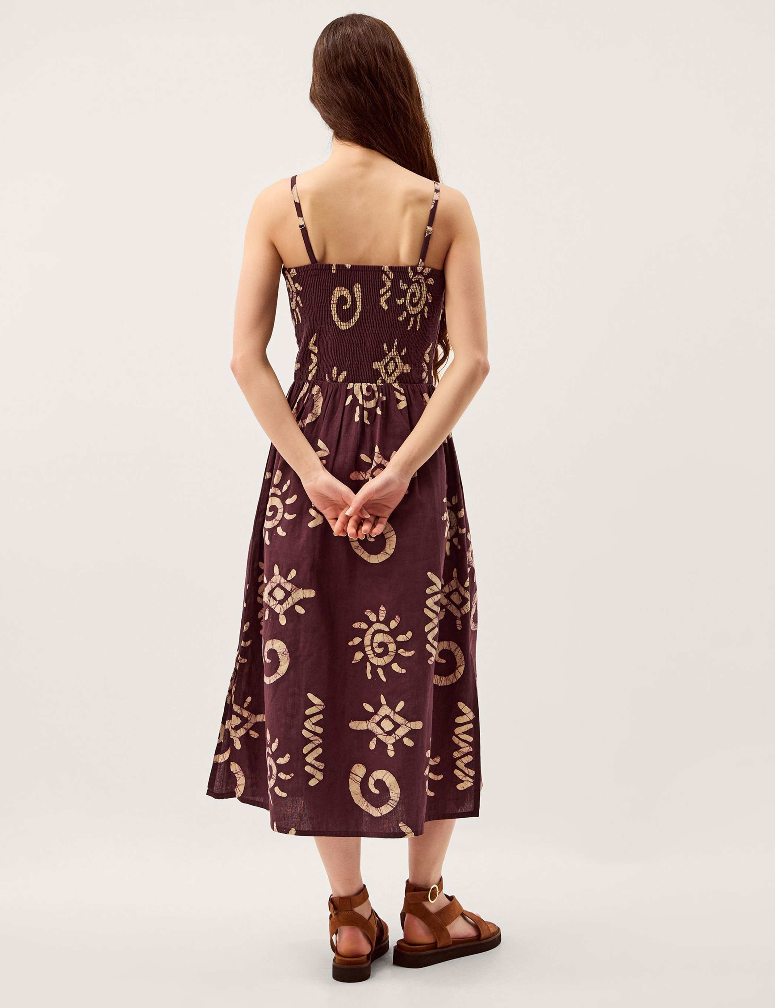 Cotton Rich Printed Midi Waisted Dress with Linen 3 of 5