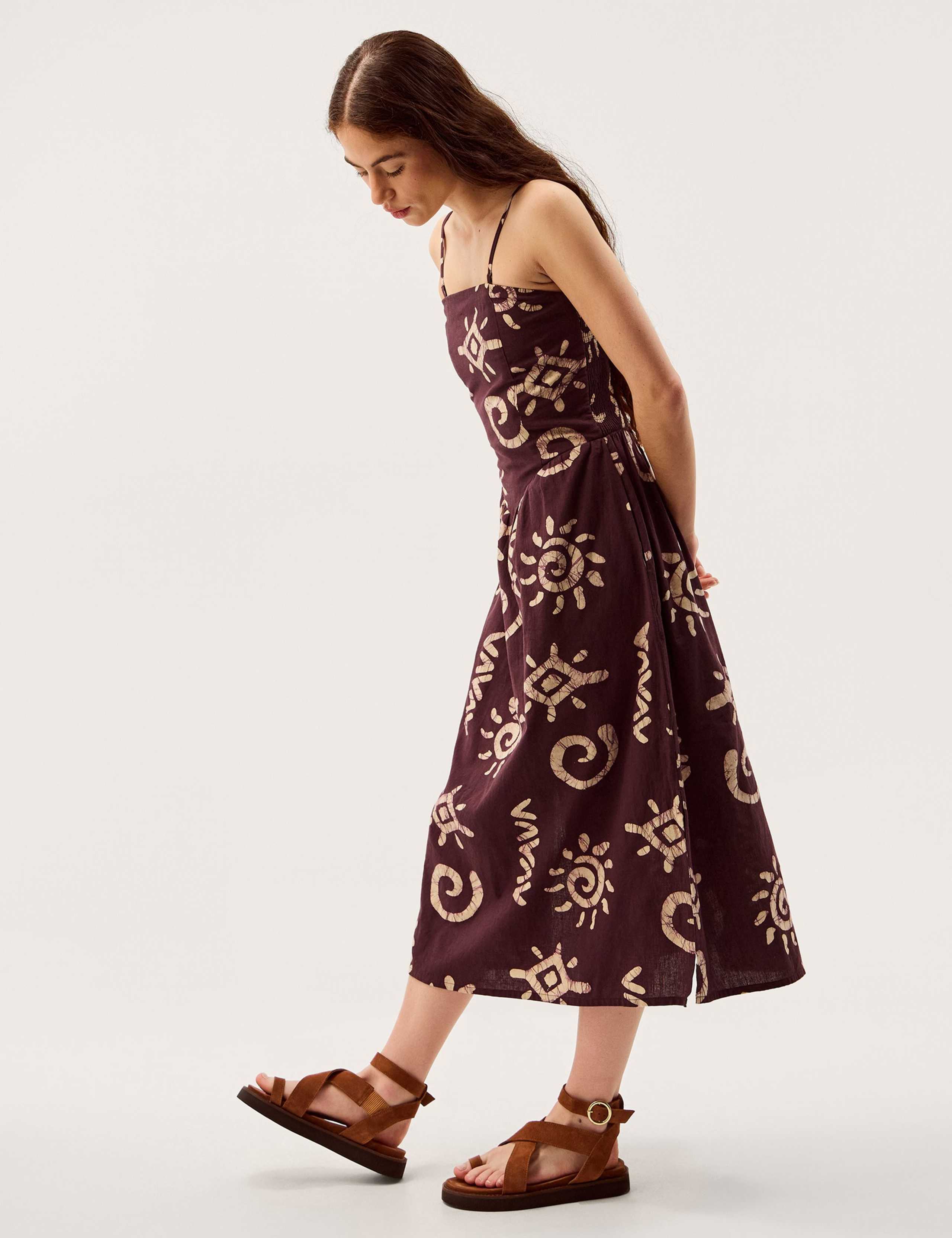 Cotton Rich Printed Midi Waisted Dress with Linen 5 of 5