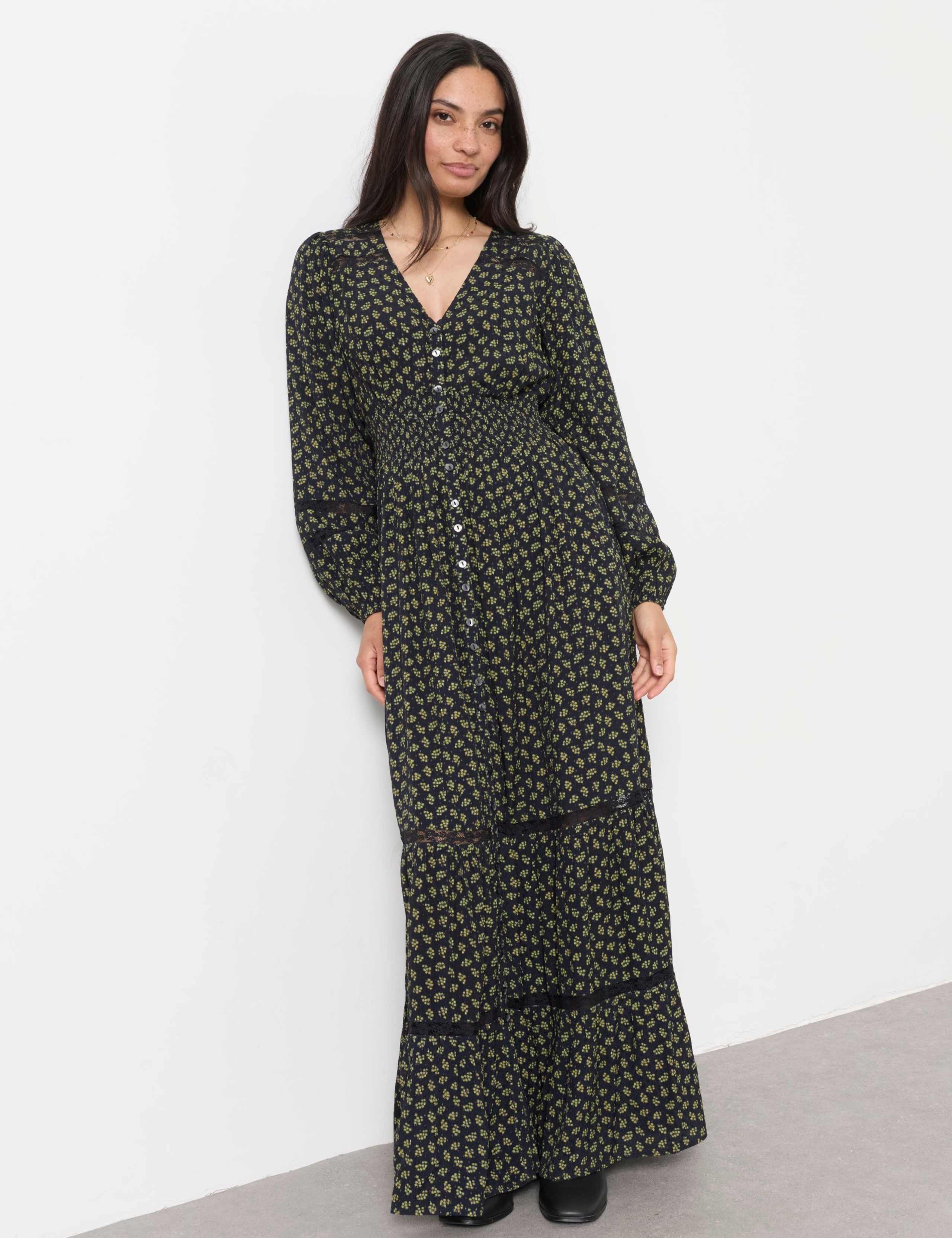 Jacquard Lace Insert Maxi Shirred Dress 1 of 6
