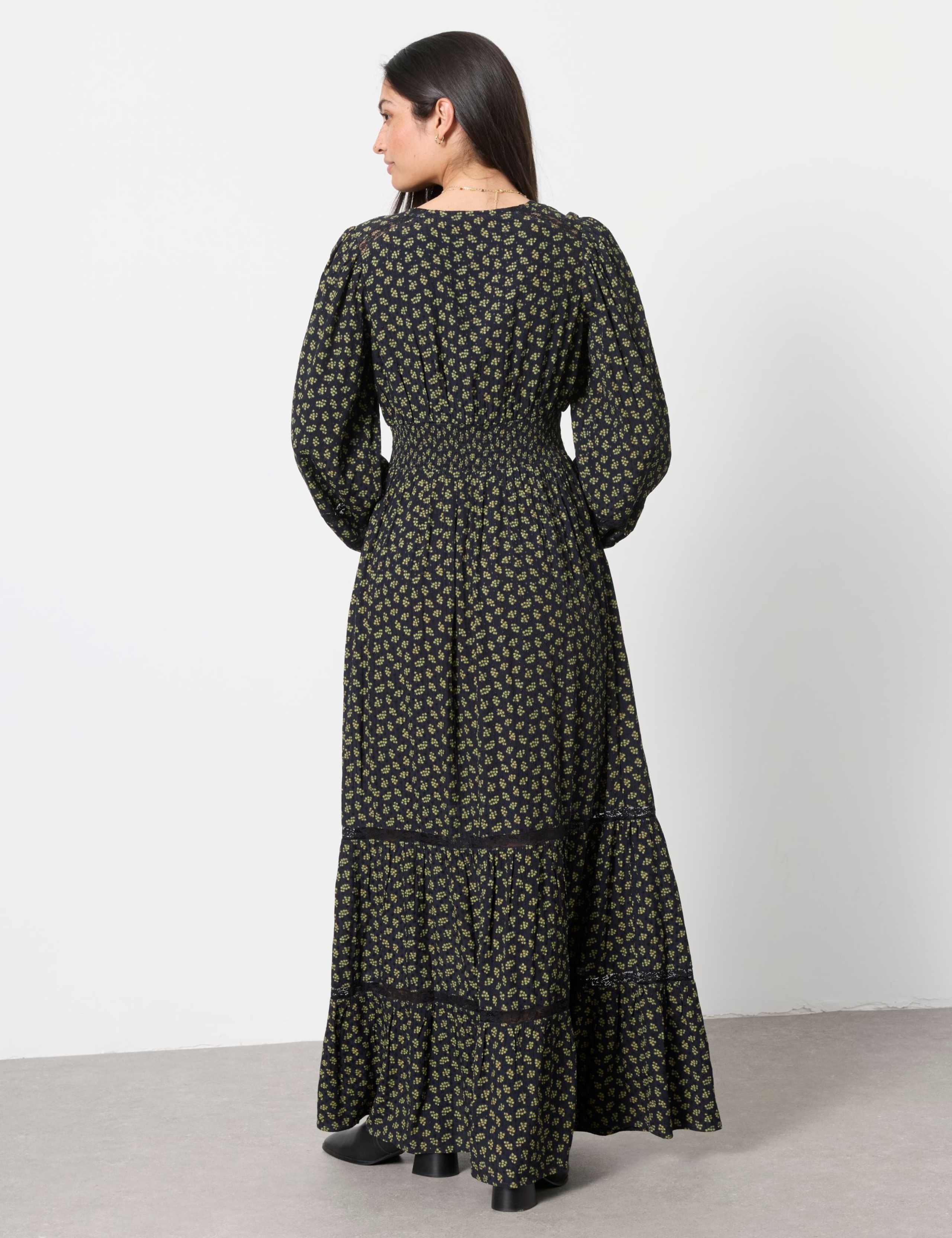 Jacquard Lace Insert Maxi Shirred Dress 4 of 6