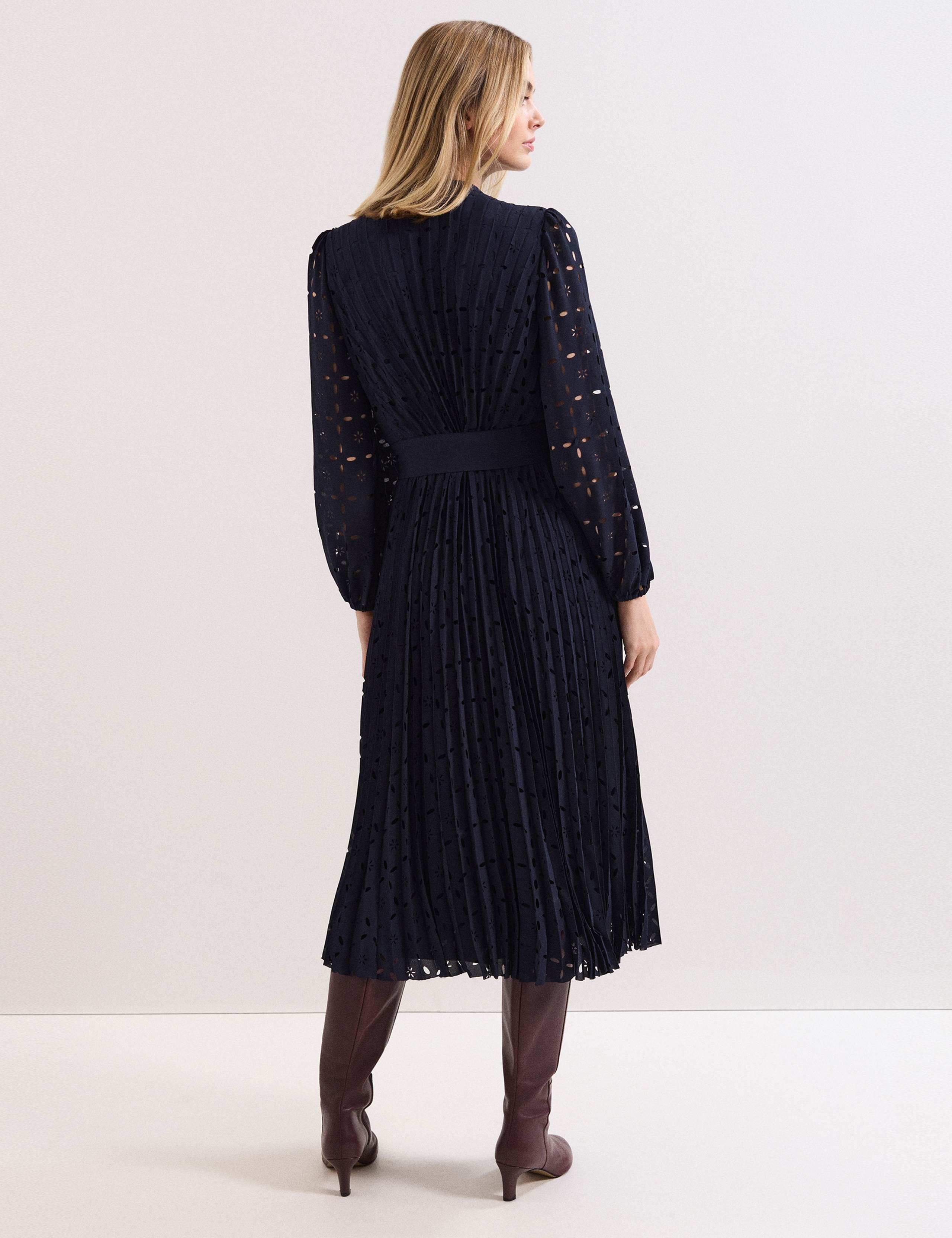 Laser Cut Broderie Pleated Midi Shirt Dress 3 of 9