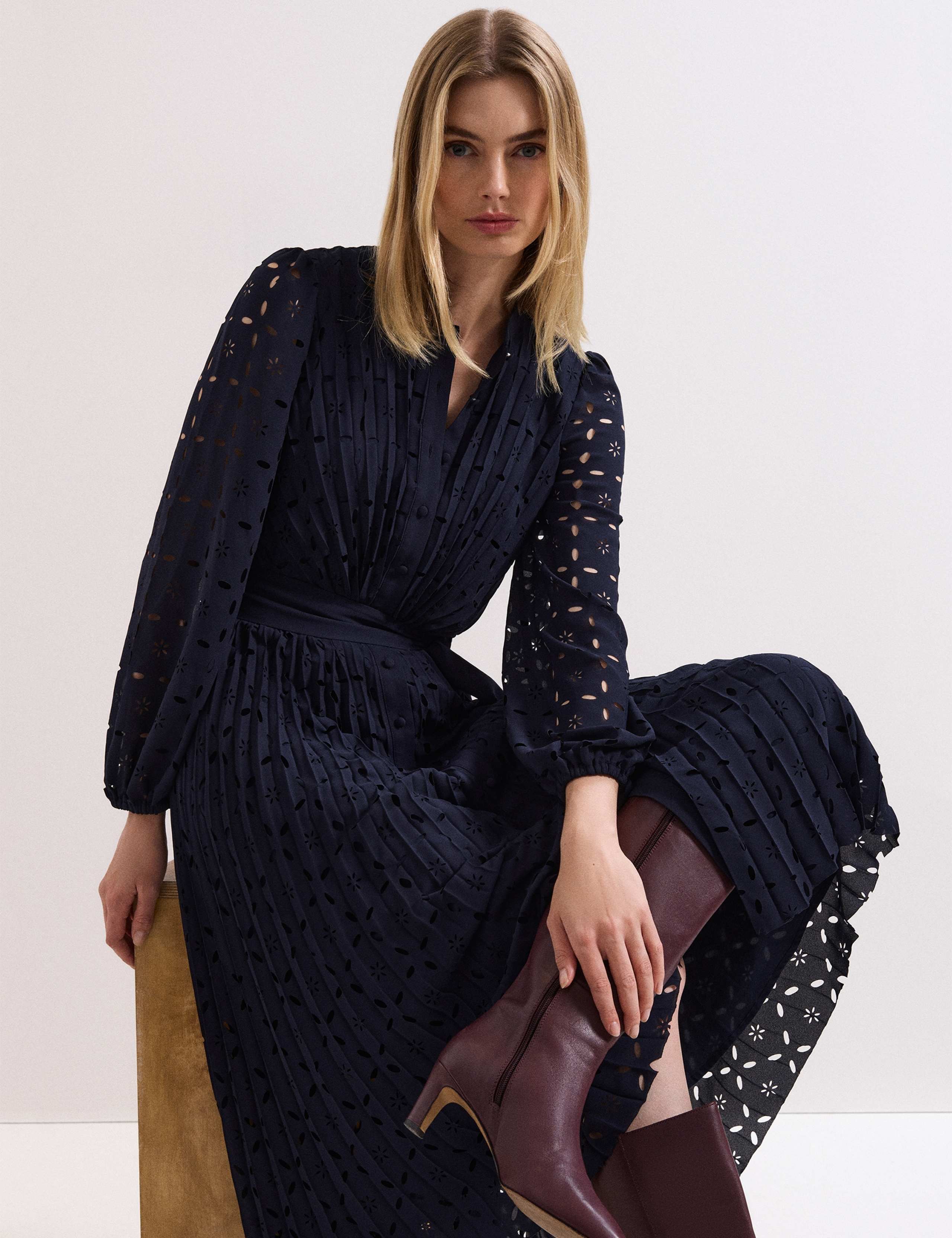 Laser Cut Broderie Pleated Midi Shirt Dress 4 of 9
