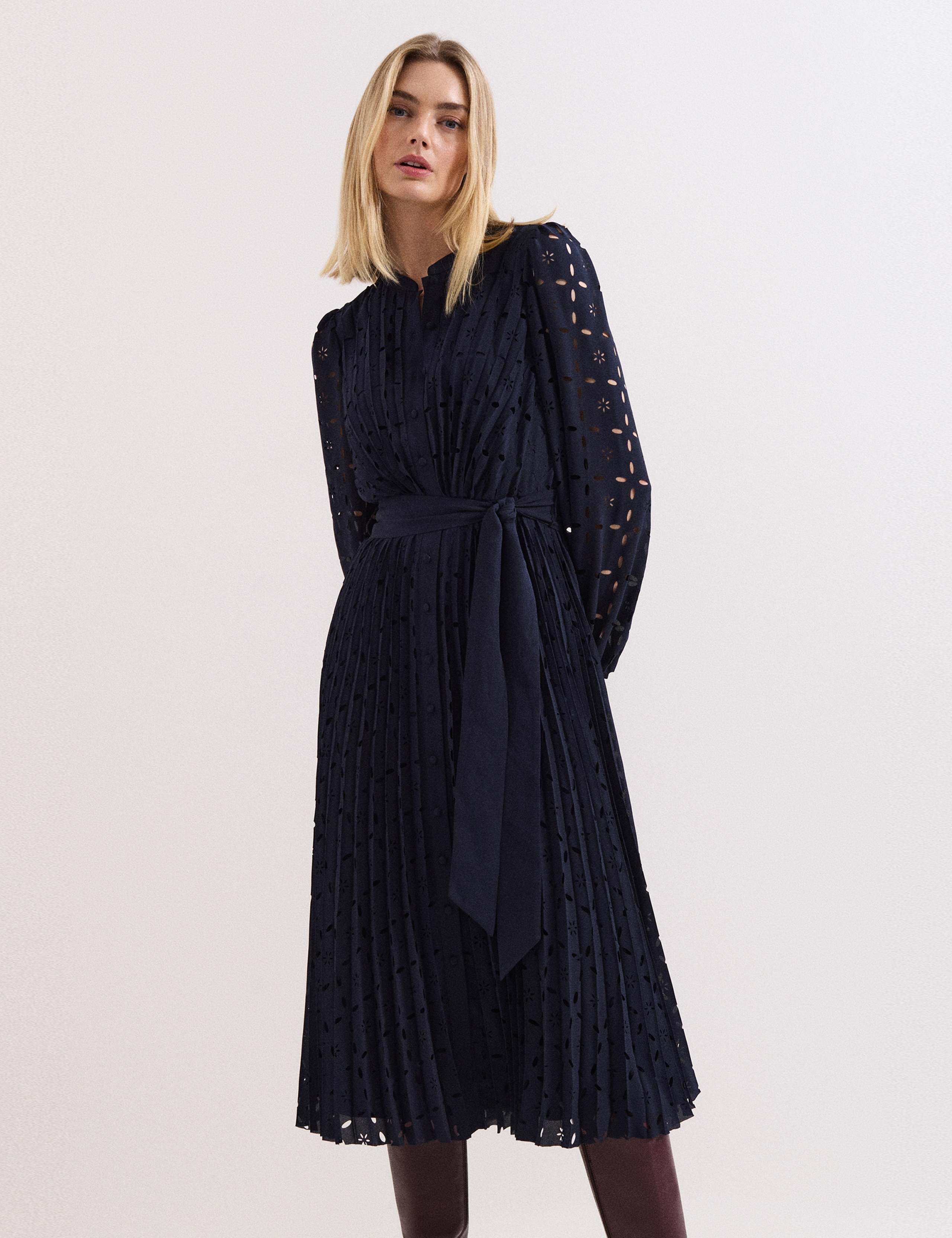 Laser Cut Broderie Pleated Midi Shirt Dress 6 of 9