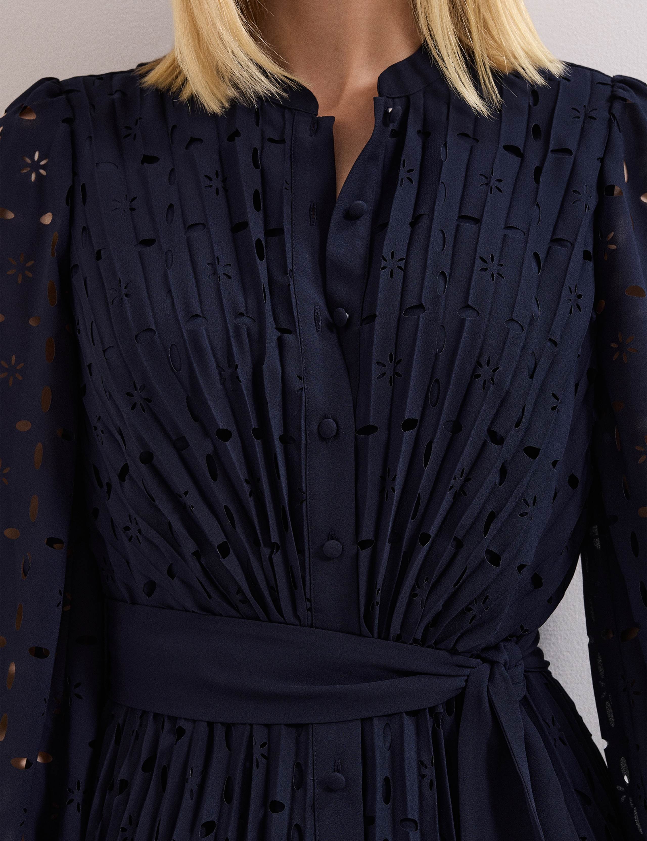 Laser Cut Broderie Pleated Midi Shirt Dress 7 of 9
