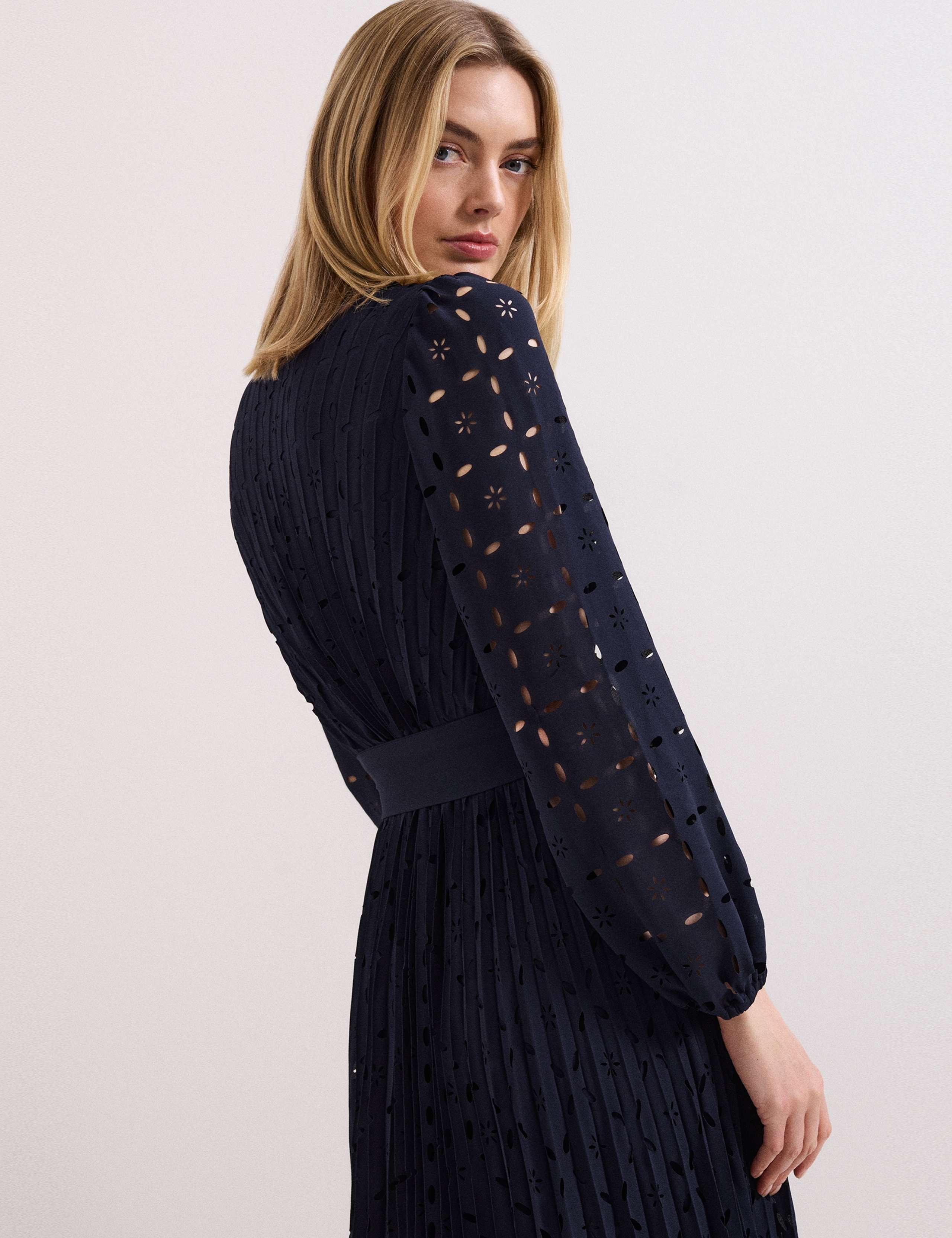 Laser Cut Broderie Pleated Midi Shirt Dress 9 of 9