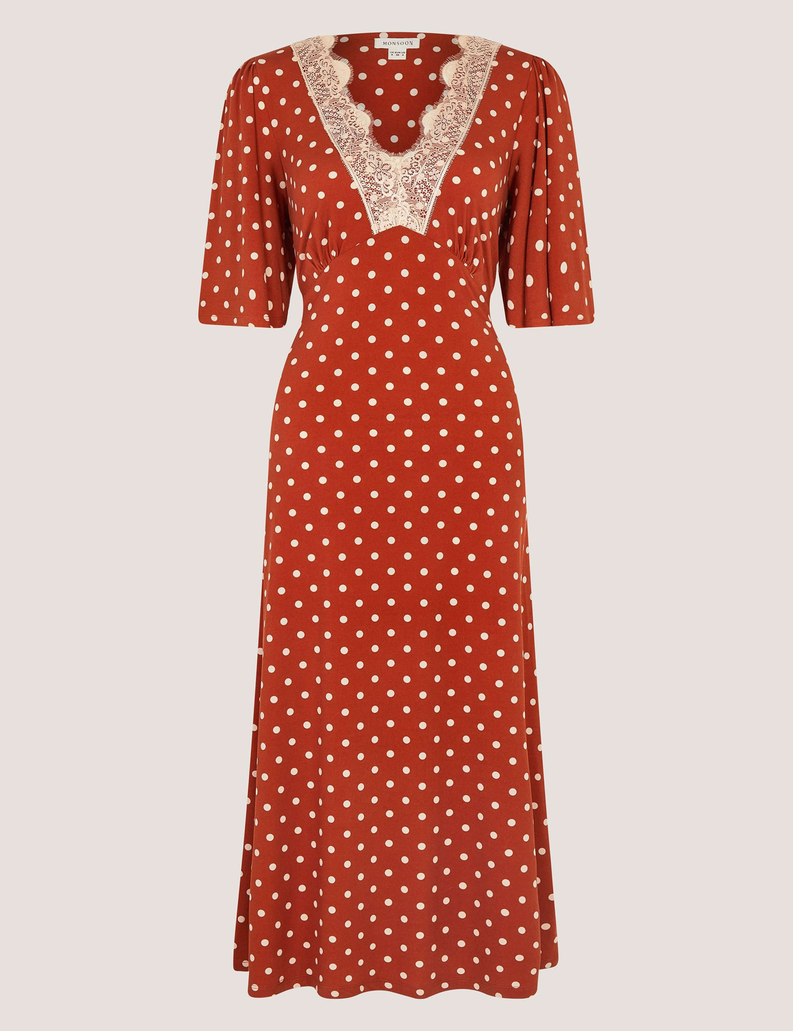 Jersey Polka Dot V-Neck Midi Skater Dress 2 of 5