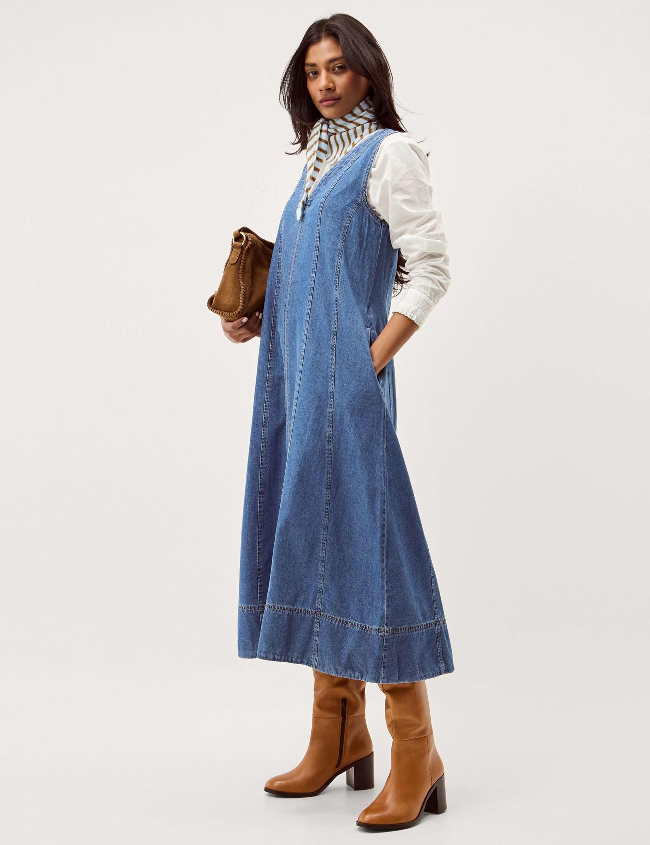 Denim V-Neck Midi Swing Dress 3 of 5
