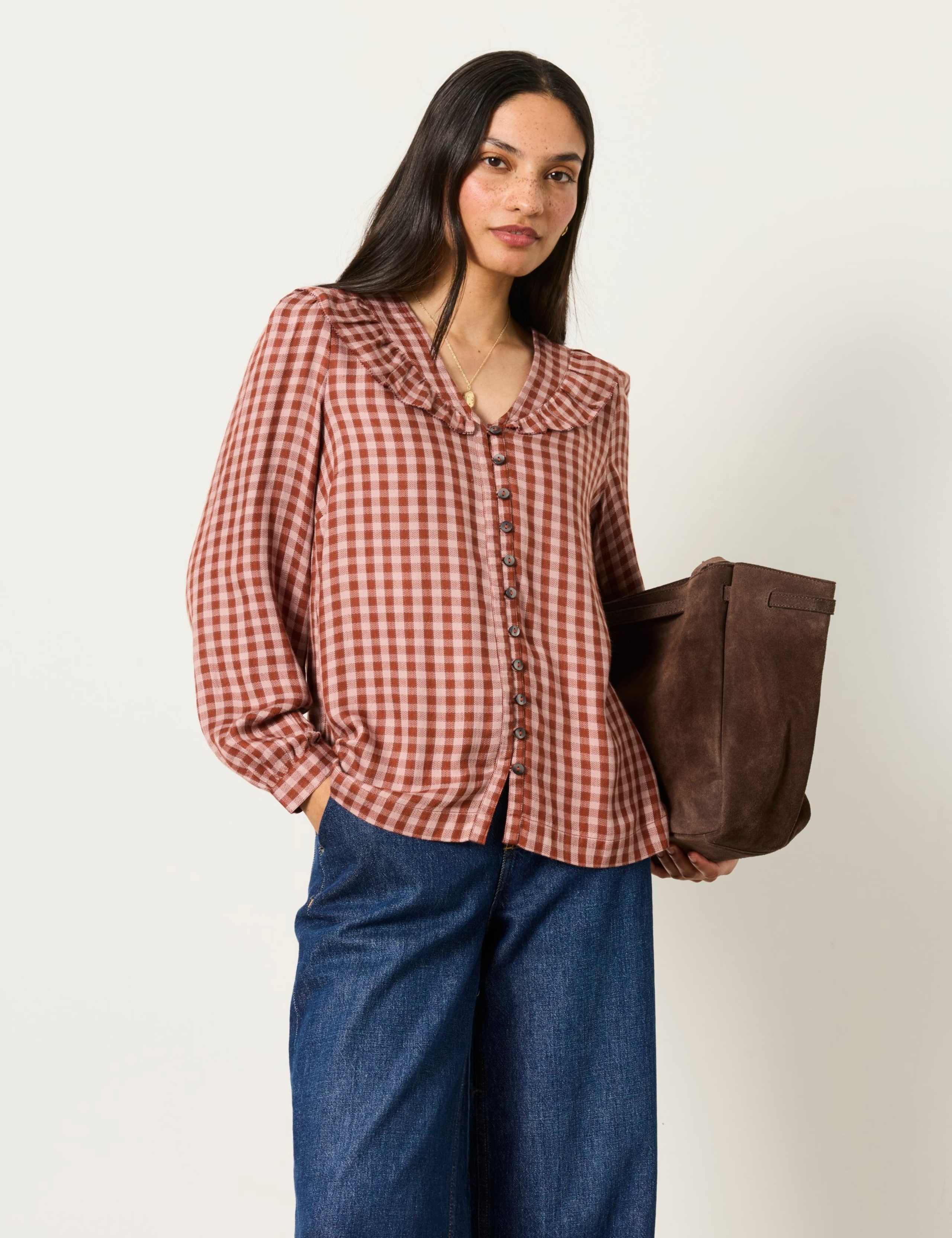 Gingham Collared V-Neck Relaxed Blouse 3 of 6