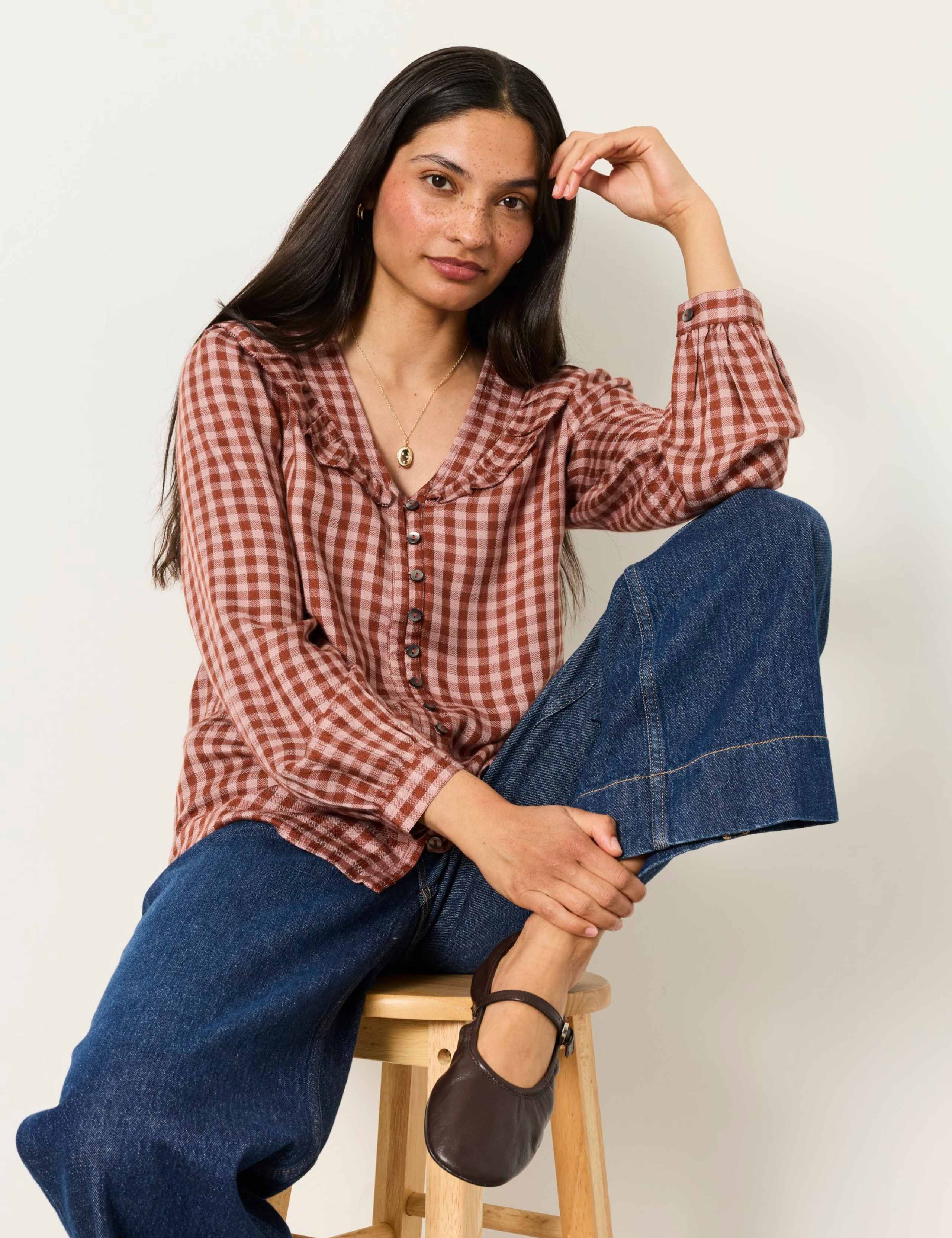 Gingham Collared V-Neck Relaxed Blouse 4 of 6