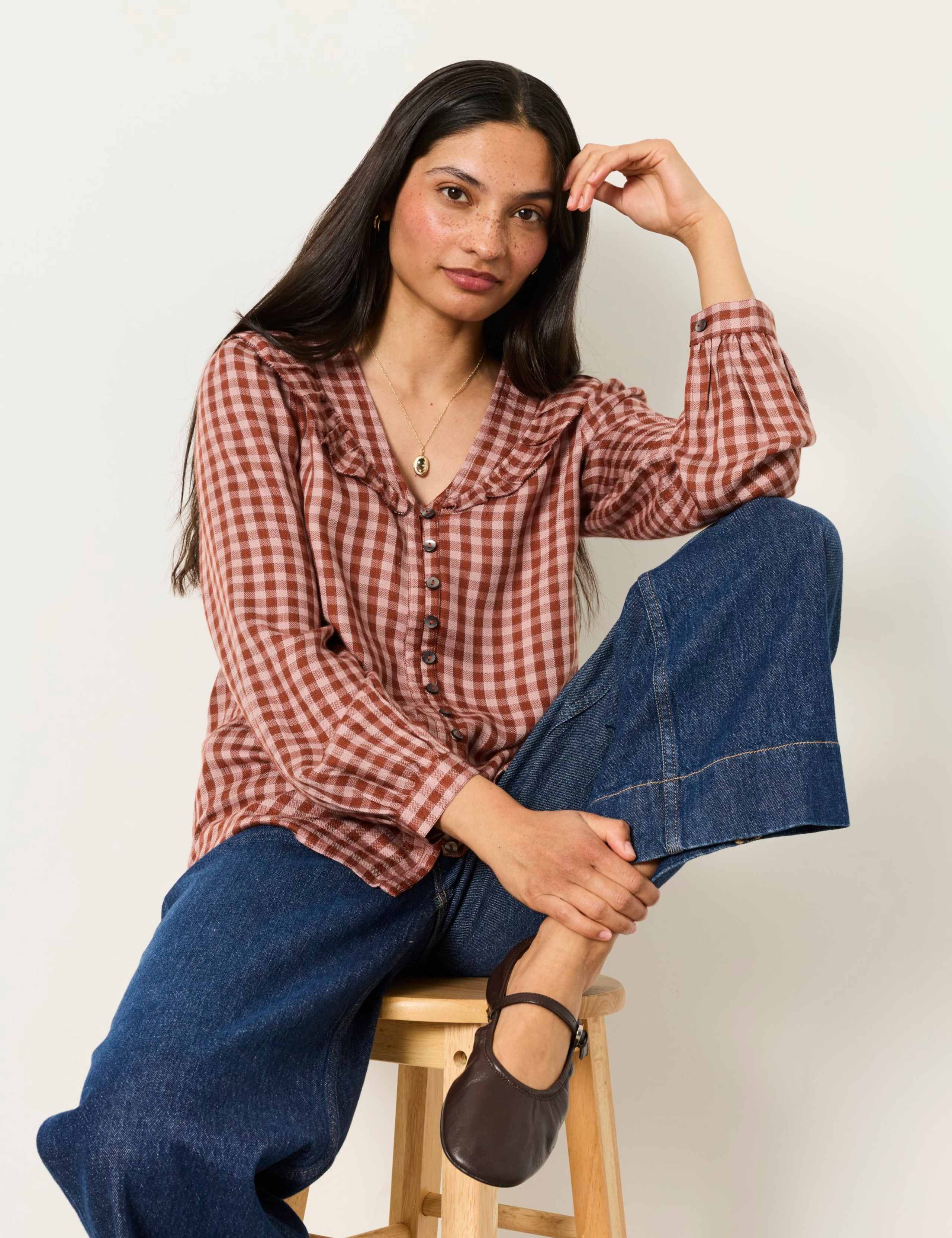 Gingham Collared V-Neck Relaxed Blouse 5 of 6