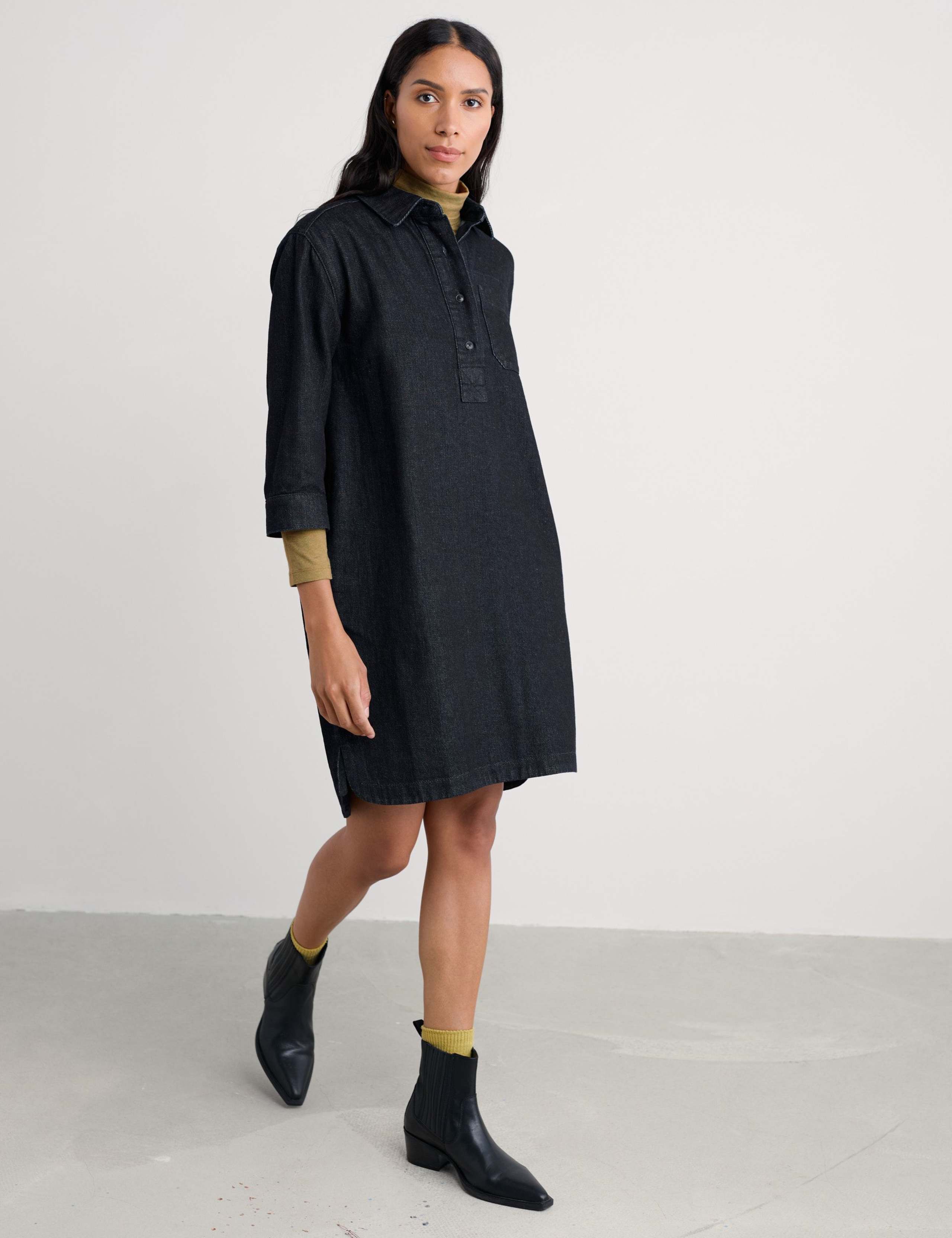 Cotton Rich Knee Length Shirt Dress with Linen 1 of 4