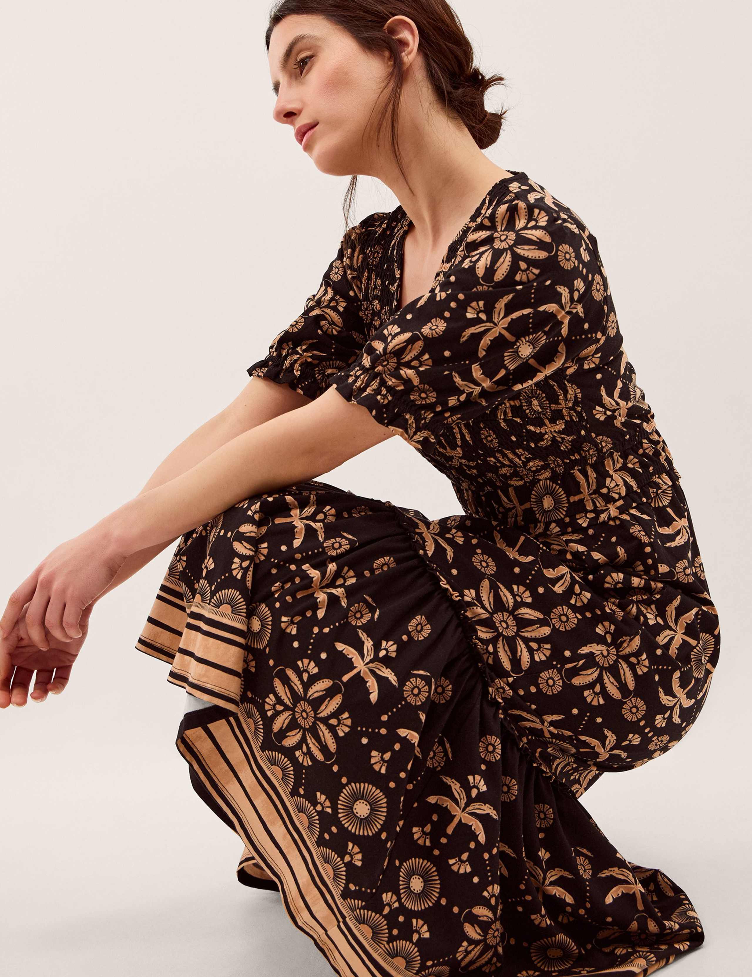 Pure Cotton Floral V-Neck Midi Waisted Dress 4 of 5