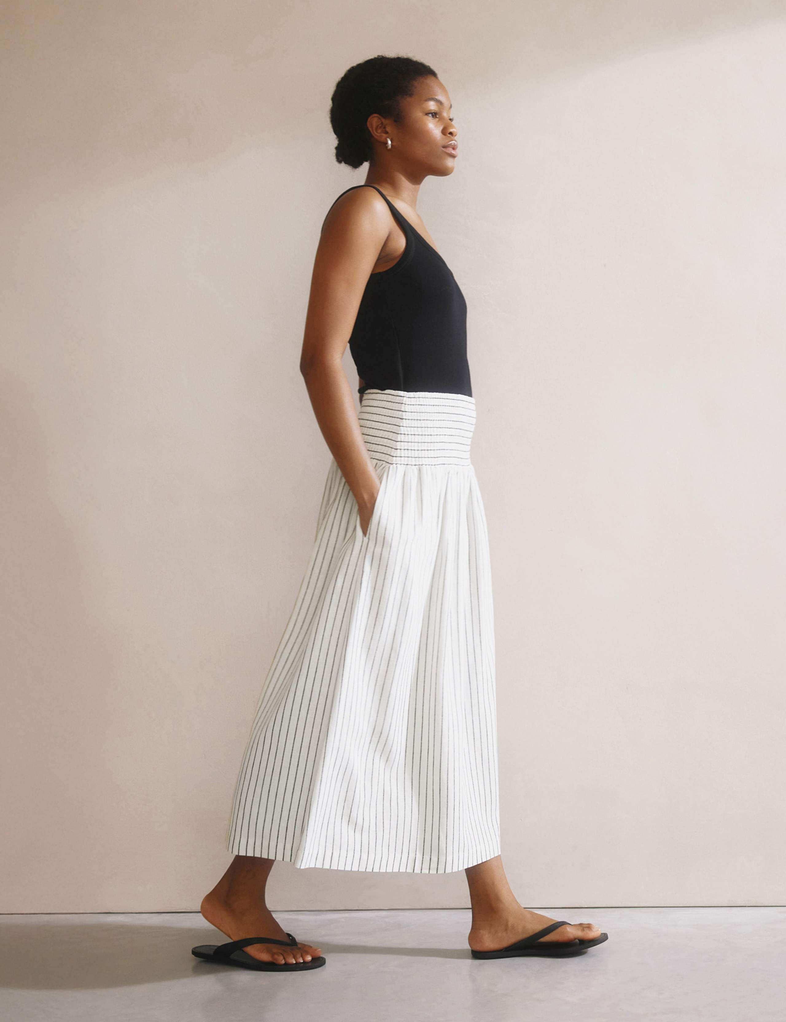 Linen Blend Striped Midi A-Line Skirt 3 of 5