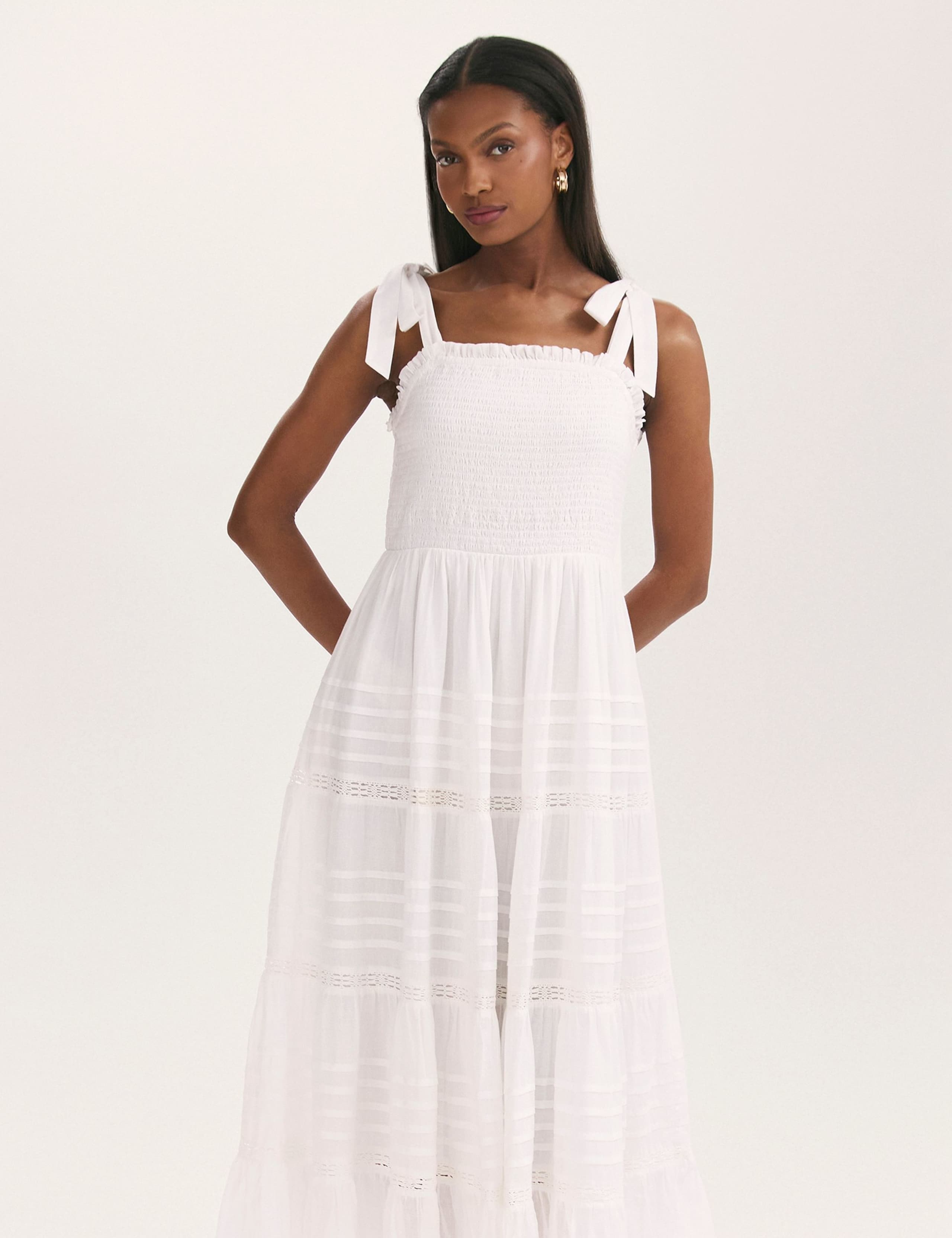 Pure Cotton Strappy Midi Shirred Tiered Dress 3 of 5