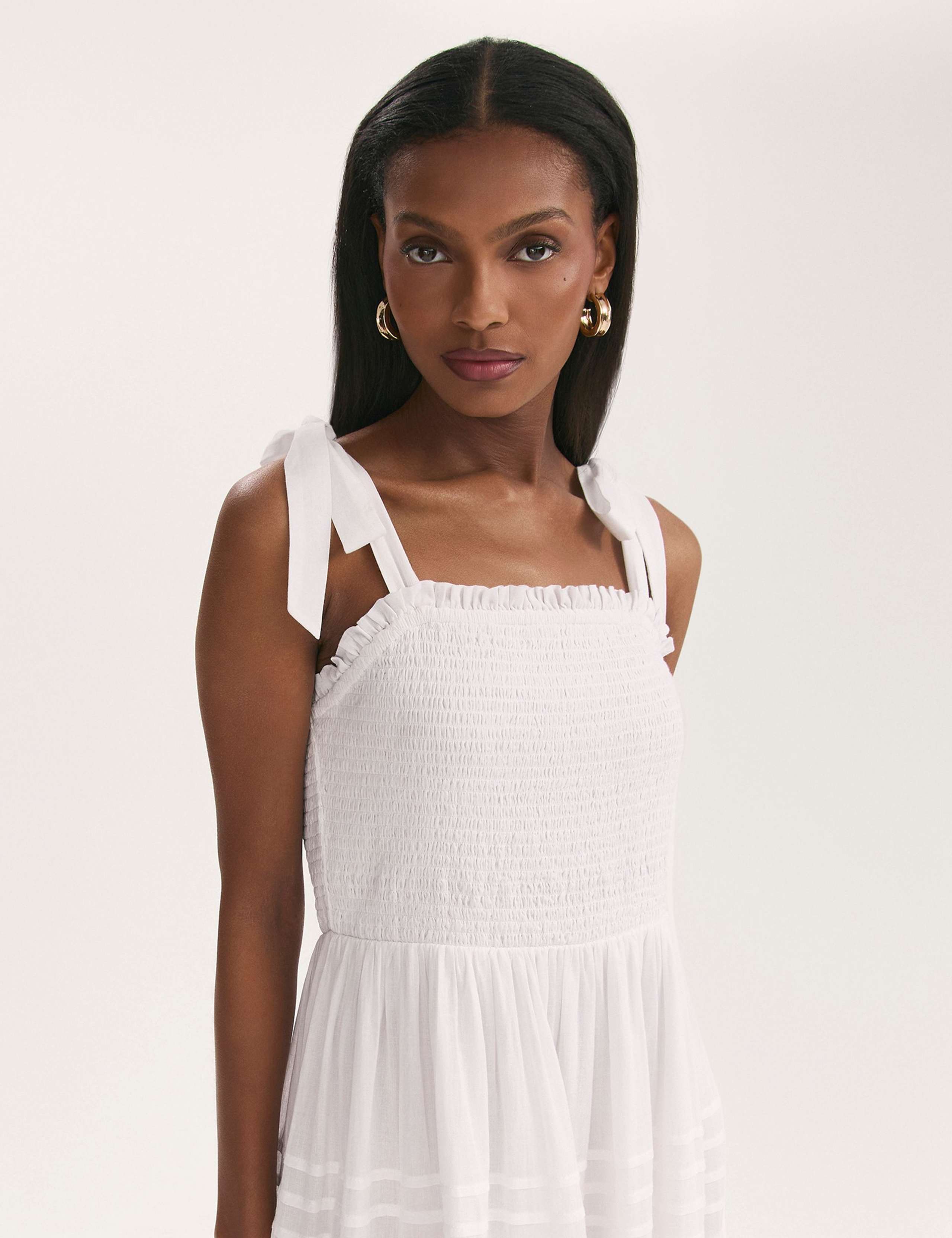 Pure Cotton Strappy Midi Shirred Tiered Dress 4 of 5