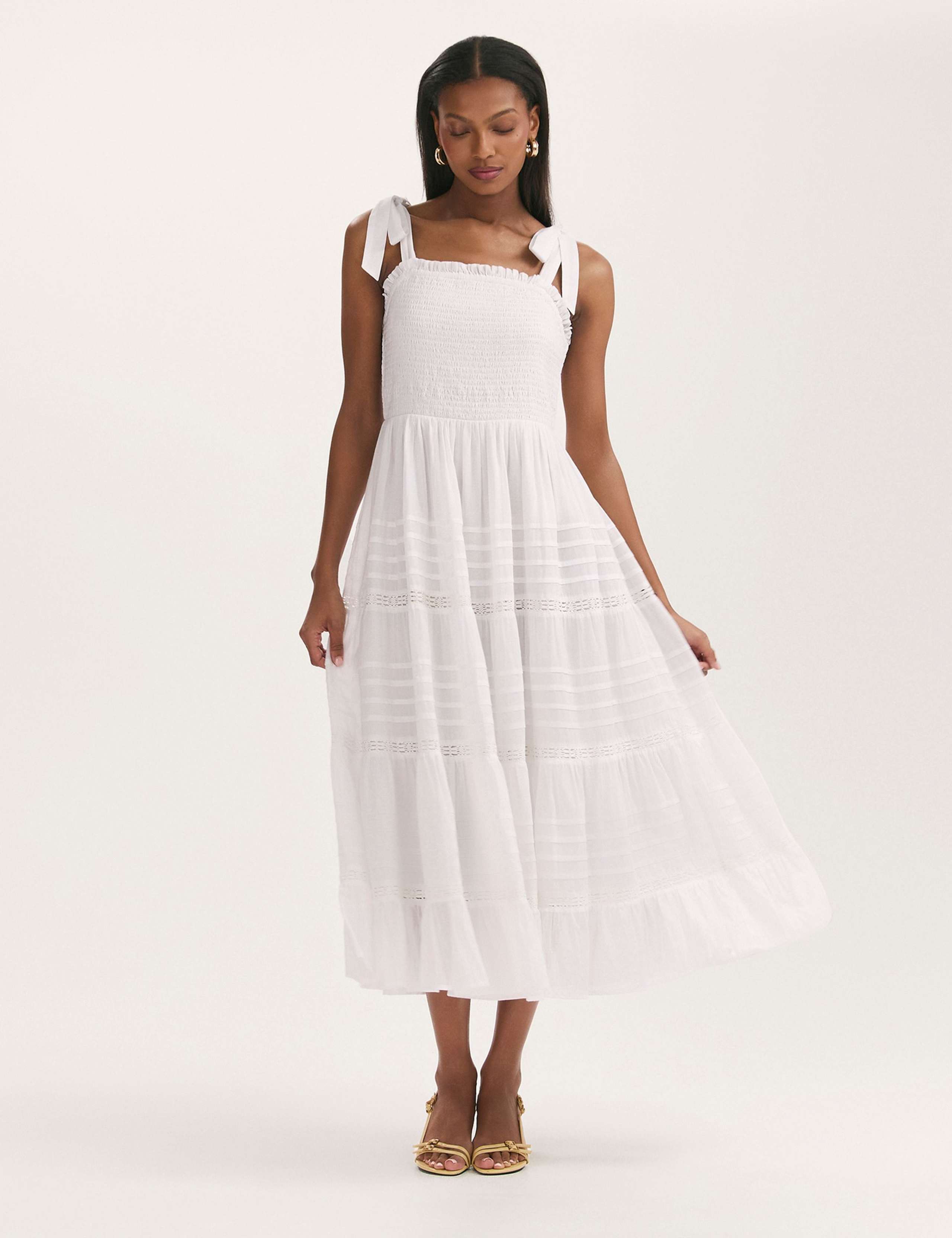 Pure Cotton Strappy Midi Shirred Tiered Dress 5 of 5