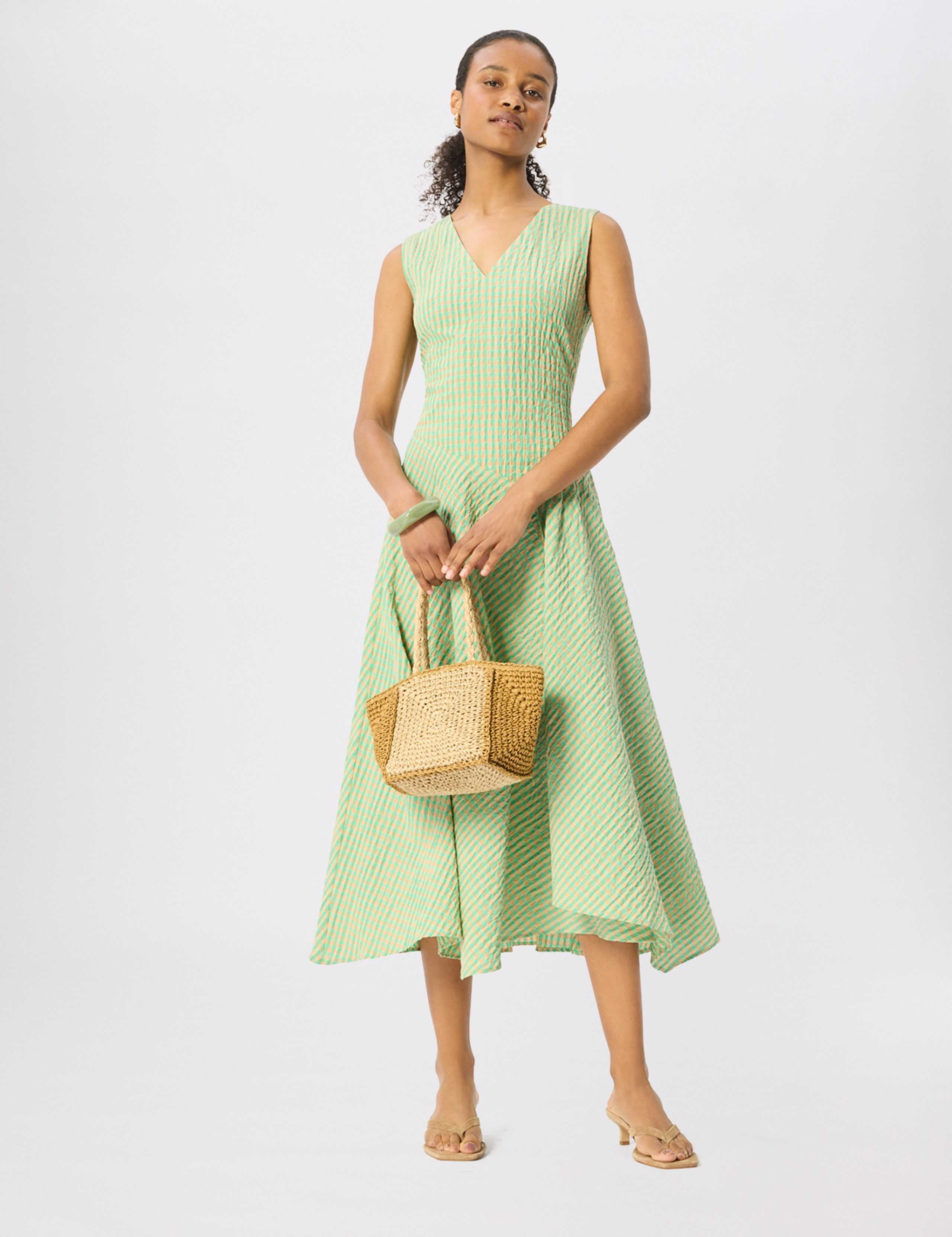 Cotton Rich Textured Checked V-Neck Midi Dress 1 of 7