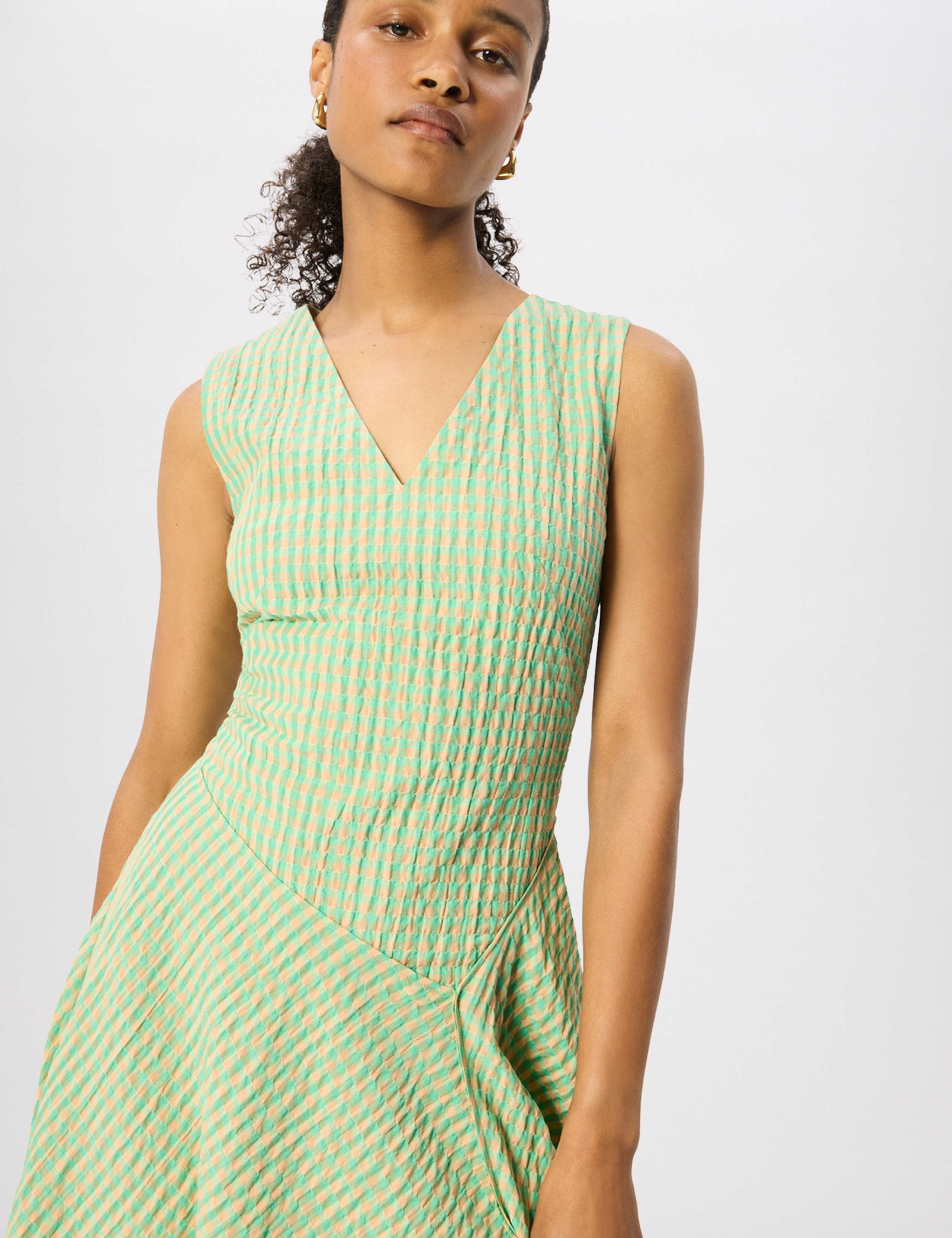 Cotton Rich Textured Checked V-Neck Midi Dress 4 of 7