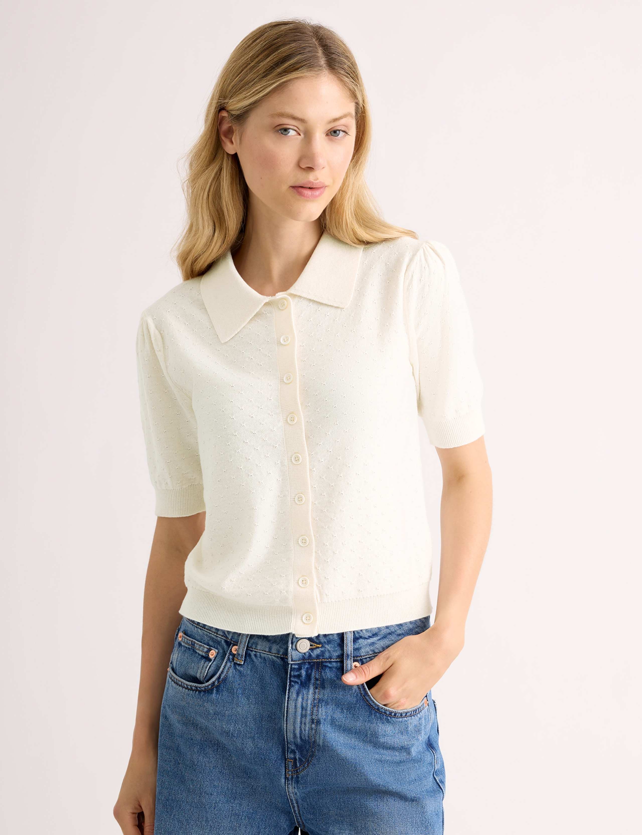 Cotton Blend Pointelle Button Through Top 3 of 5