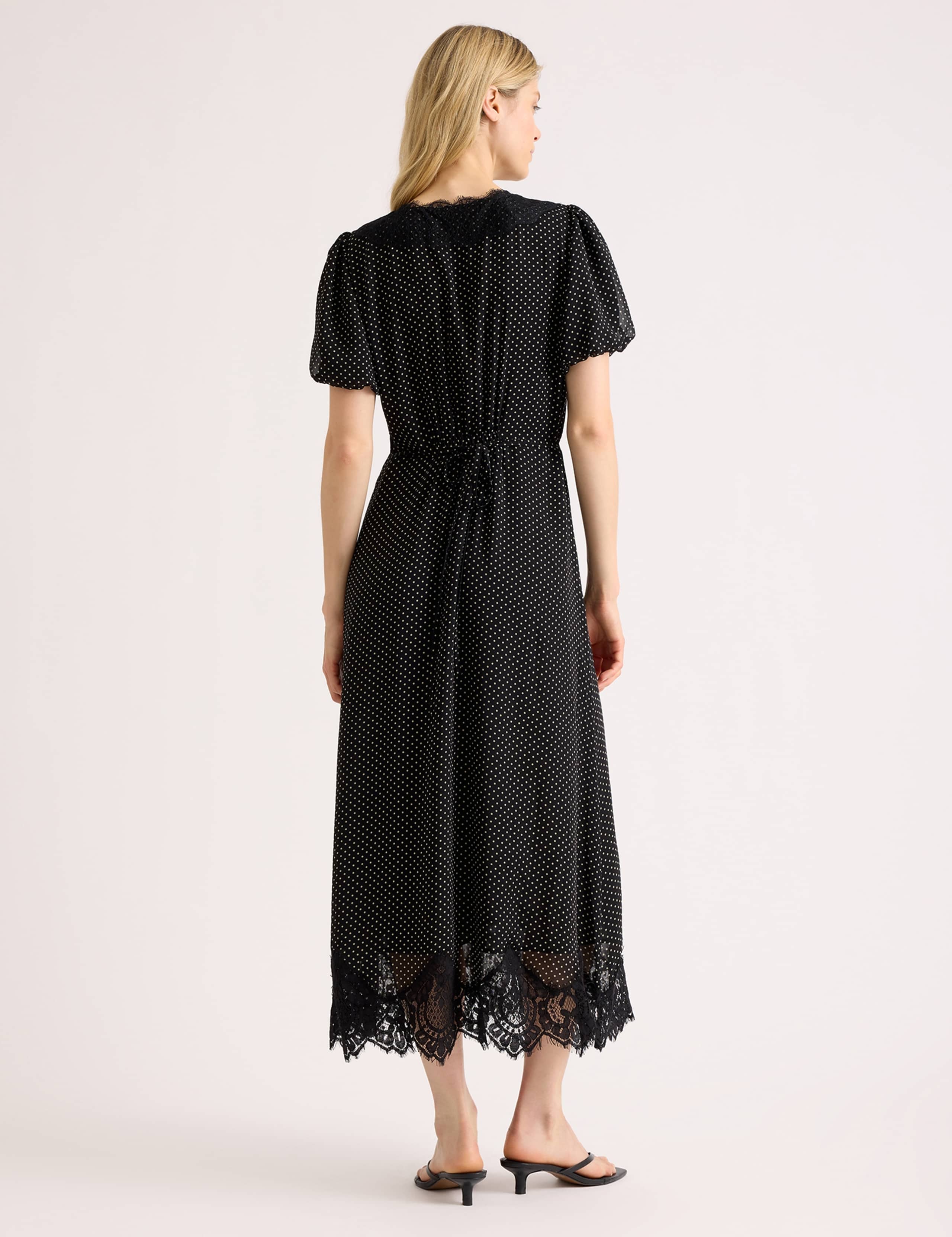 Chiffon Spot Print Lace Trim Midi Tea Dress 4 of 5