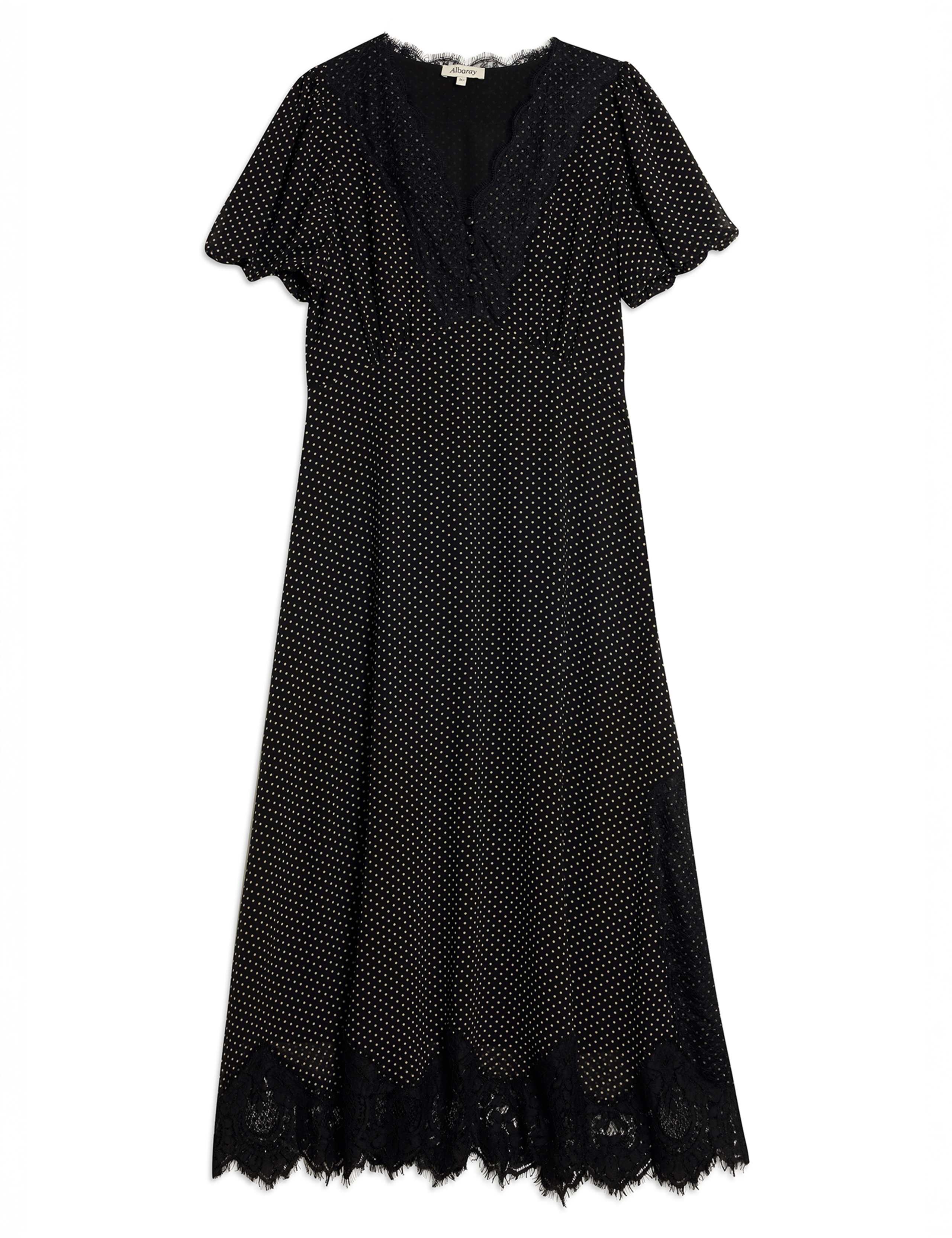 Chiffon Spot Print Lace Trim Midi Tea Dress 2 of 5