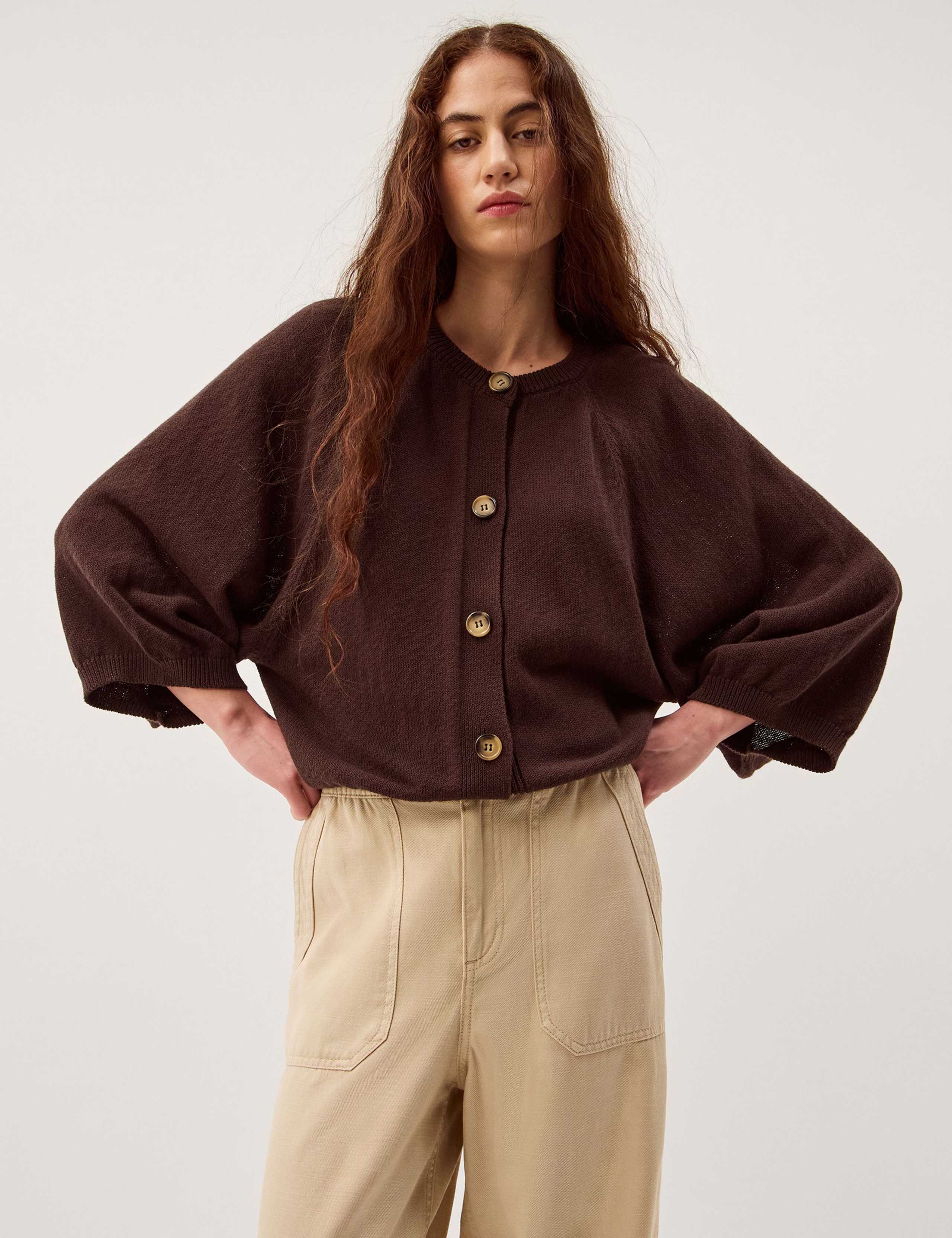 Cotton Rich Textured Crew Neck Cardigan 1 of 5