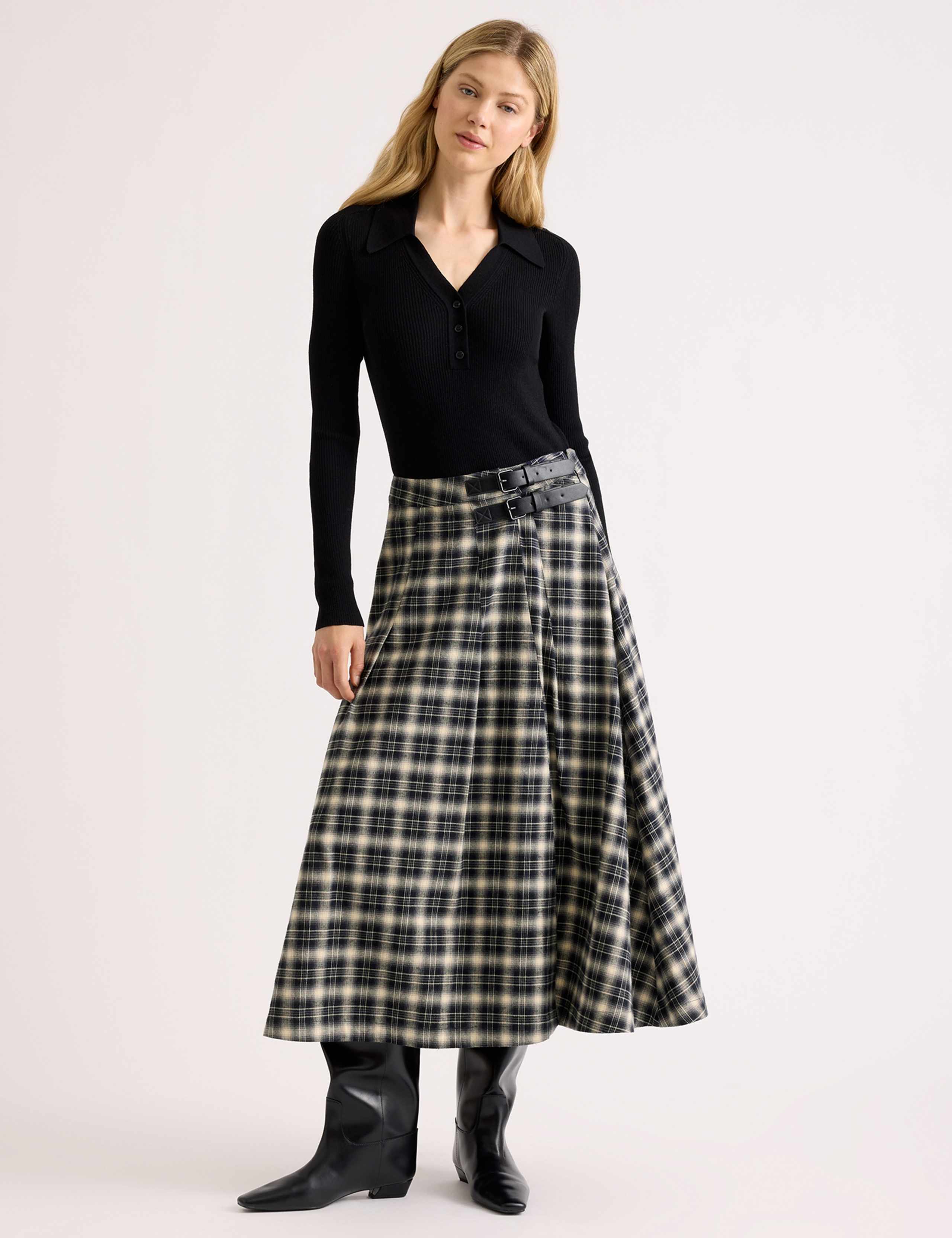 Cotton Blend Checked Midi A-Line Kilt Skirt 1 of 5