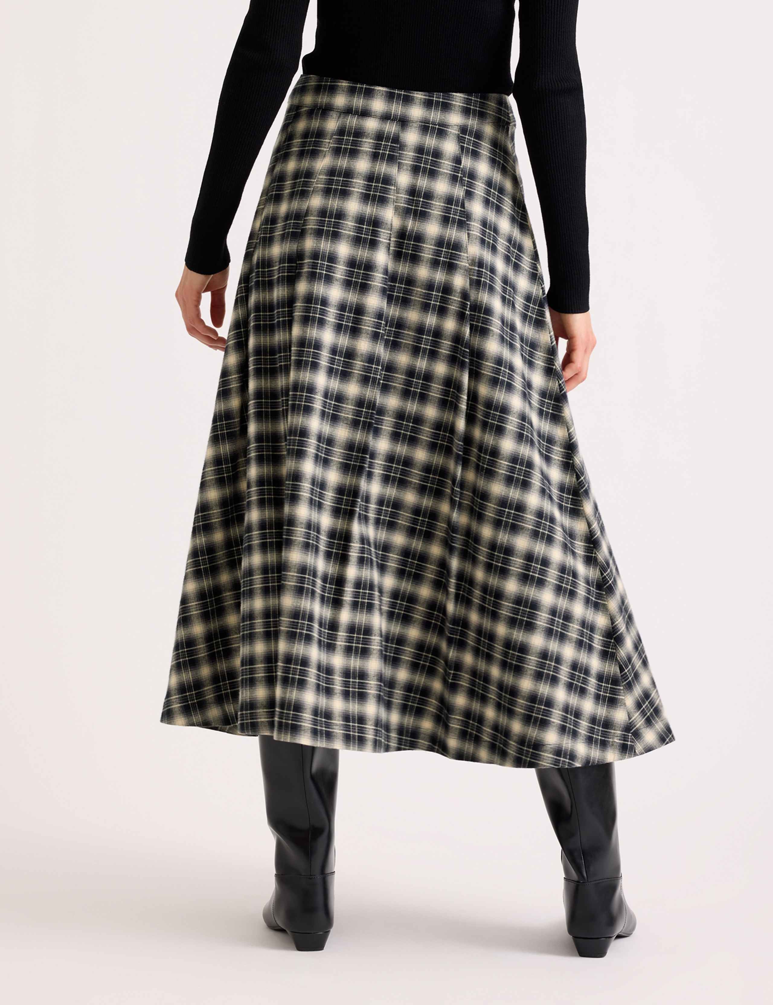 Cotton Blend Checked Midi A-Line Kilt Skirt 3 of 5