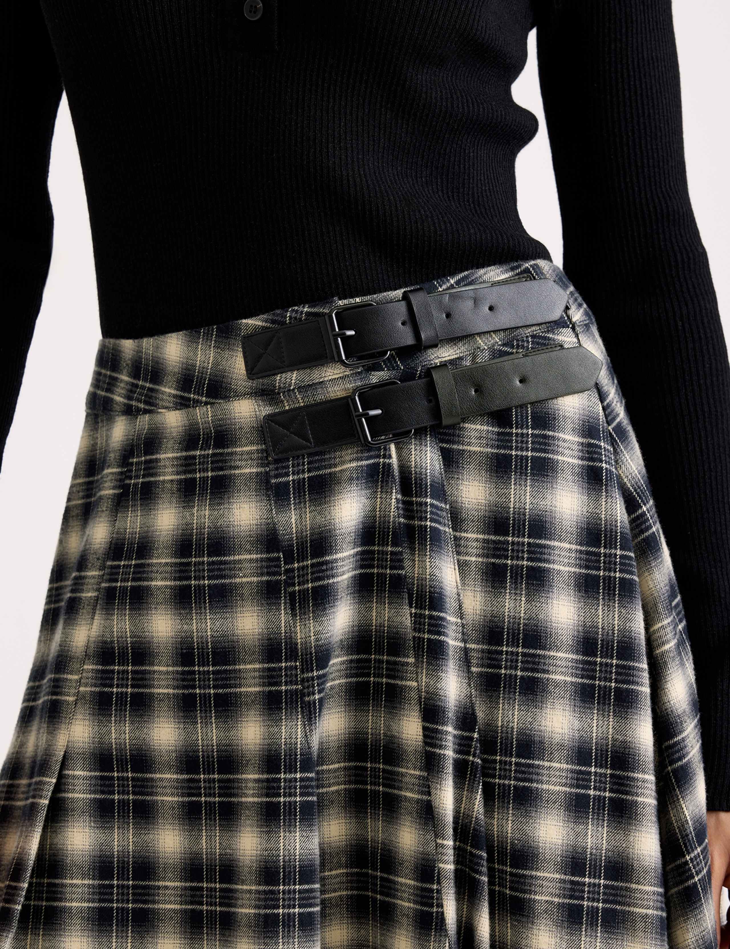 Cotton Blend Checked Midi A-Line Kilt Skirt 4 of 5