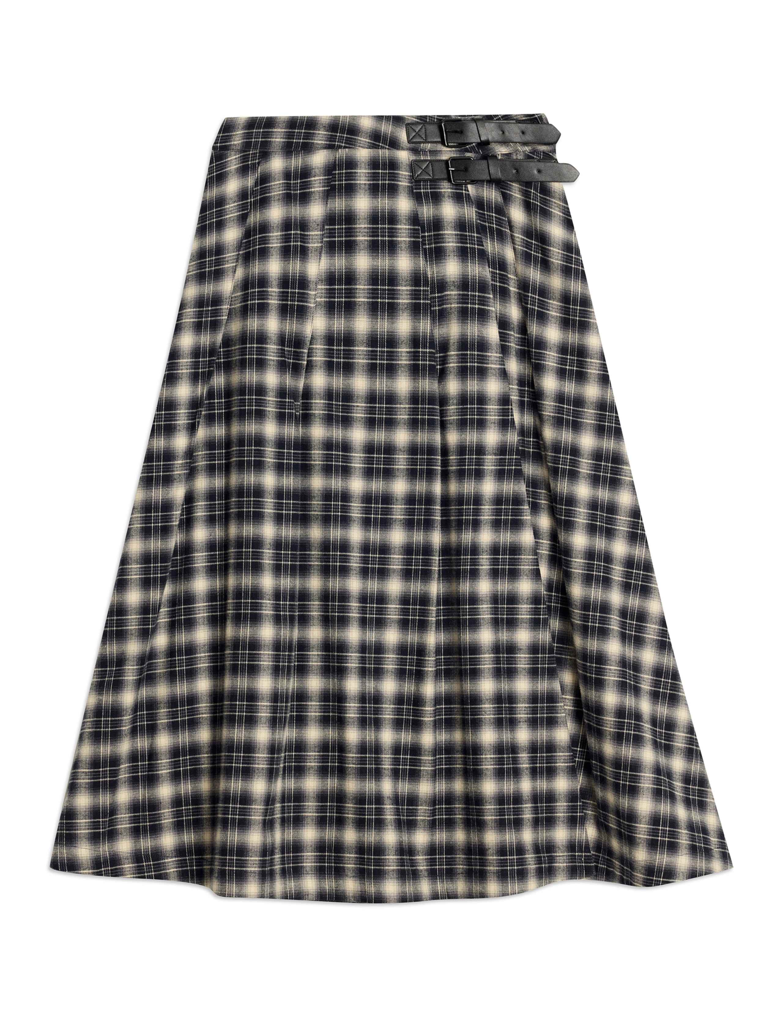 Cotton Blend Checked Midi A-Line Kilt Skirt 2 of 5
